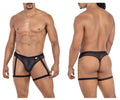 Black candyMan 99798 garter mesh thongs with adjustable leg straps featuring sheer breathable fabric