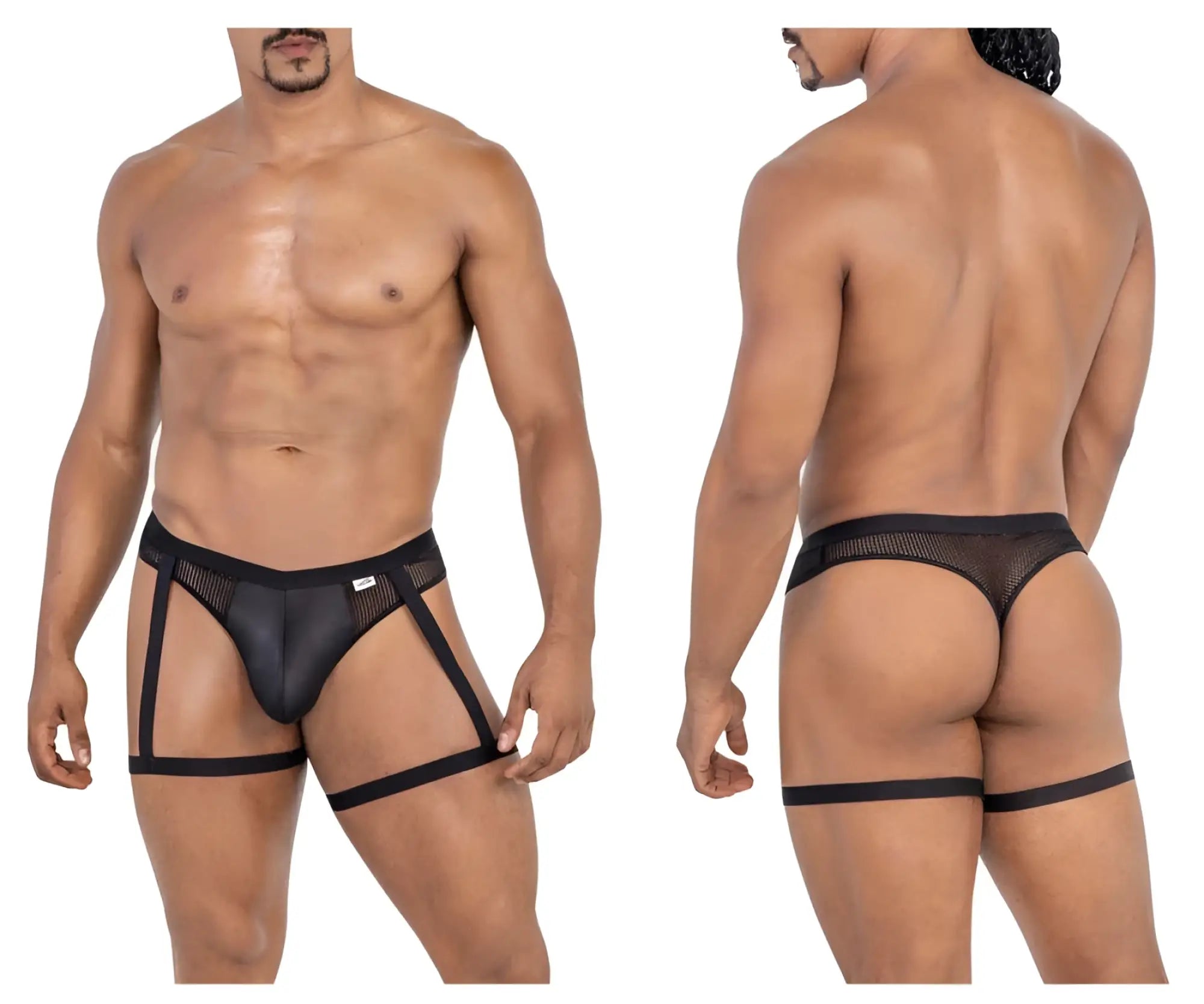 Black candyMan 99798 garter mesh thongs with adjustable leg straps featuring sheer breathable fabric