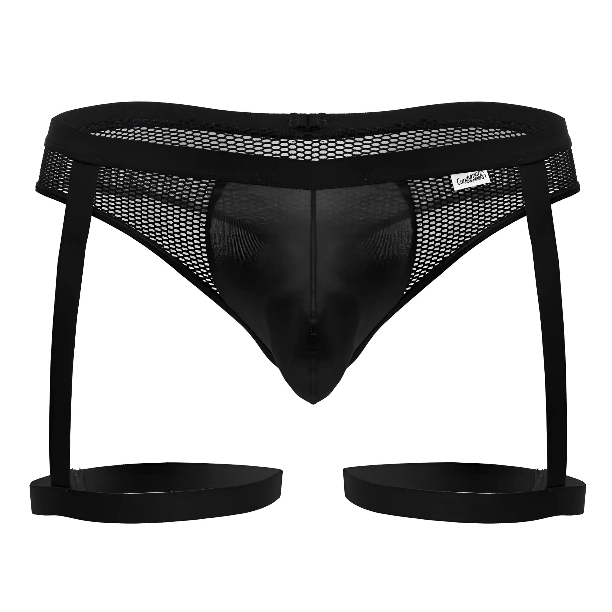 Candyman 99798 black garter mesh thong featuring a central satin panel and adjustable straps in black mesh