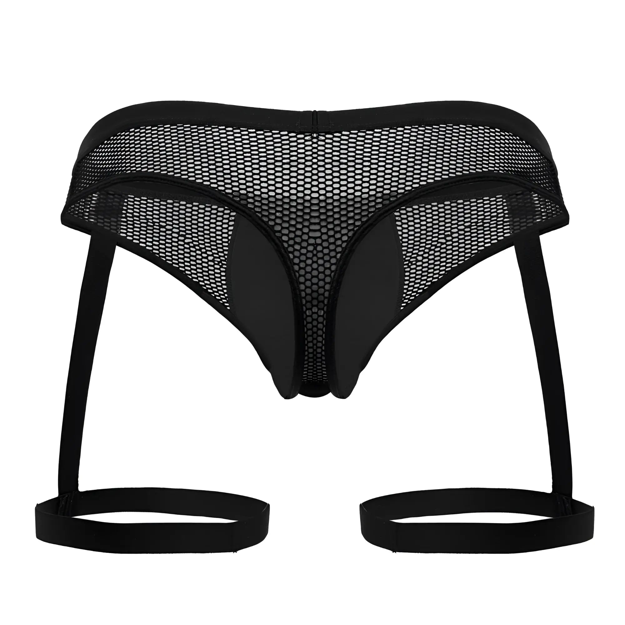 Black mesh harness style garter thong with solid black elastic straps and reinforced side panels by candyman