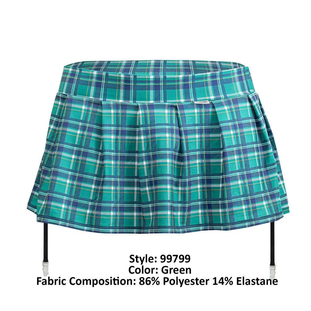 A teal and navy plaid pleated mini skirt with black suspenders from candyman 99799 garter outfit color green