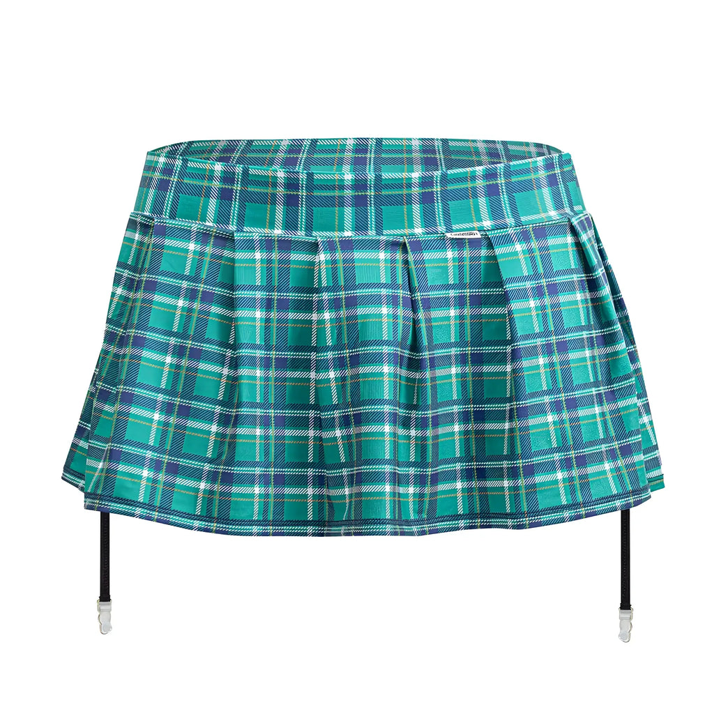 CandyMan 99799 garter outfit green featuring a teal and navy plaid pleated mini skirt with black garter straps