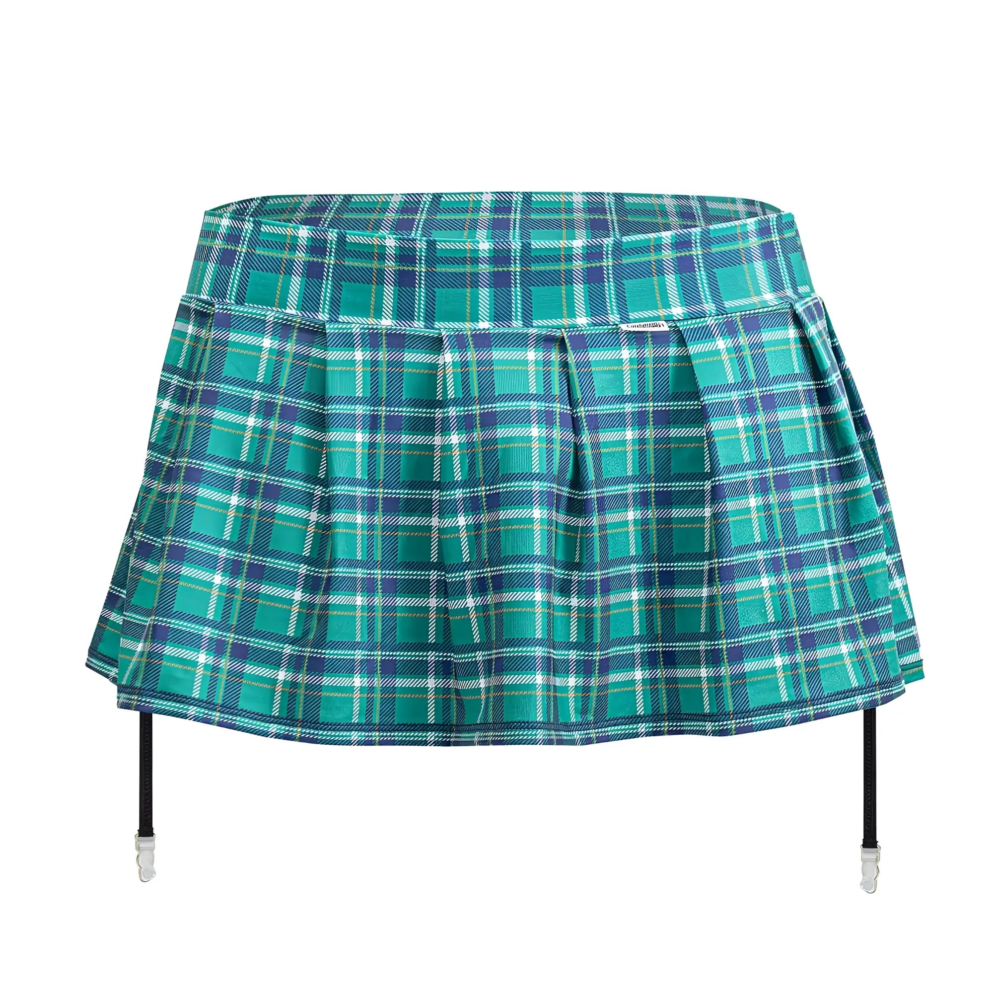 CandyMan 99799 garter outfit green featuring a teal and navy plaid pleated mini skirt with black garter straps