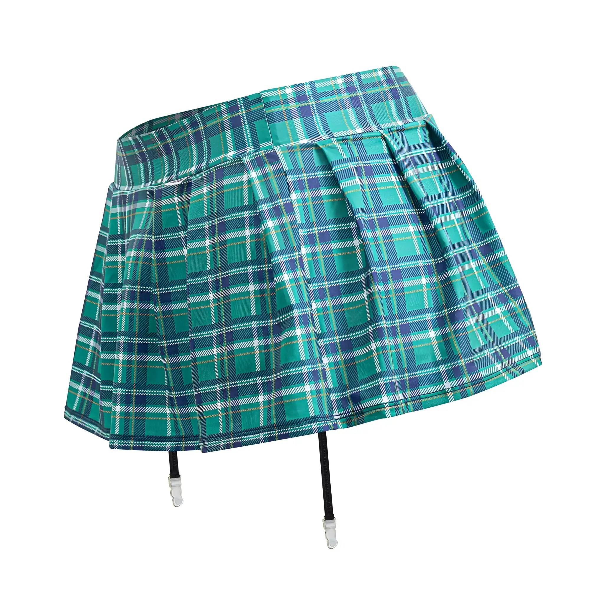 Teal and navy plaid pleated skirt with black garter straps from CandyMan 99799 garter outfit in green color
