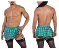 Green and white plaid mini skirt with black garter straps from candyman 99799 garter outfit in green color