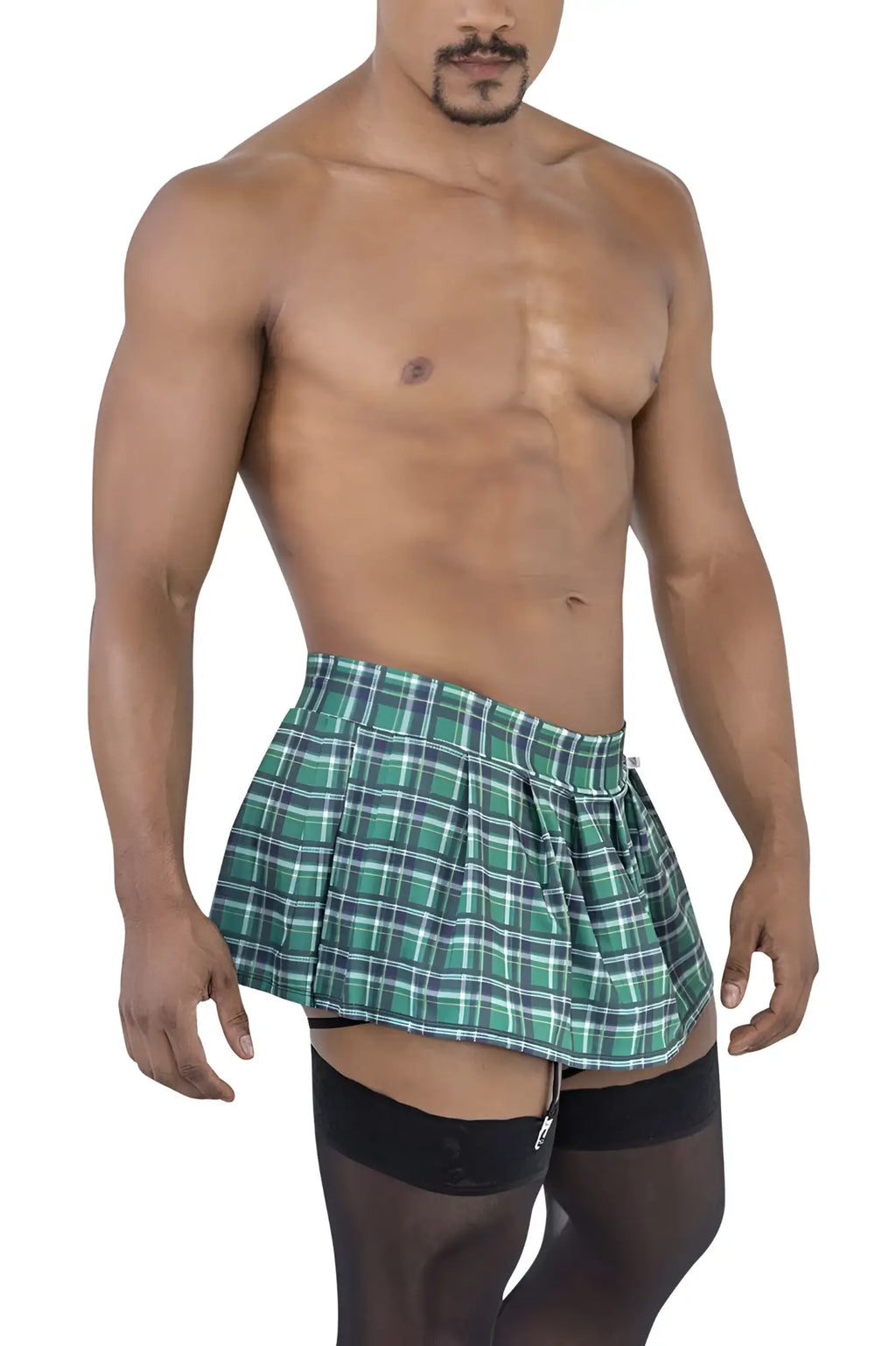 CandyMan 99799 garter outfit green green and white plaid pleated shorts with black zipper at waistband