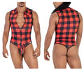 Red and black plaid one-piece CandyMan 99800 Lumberjack bodysuit with button-front collar design