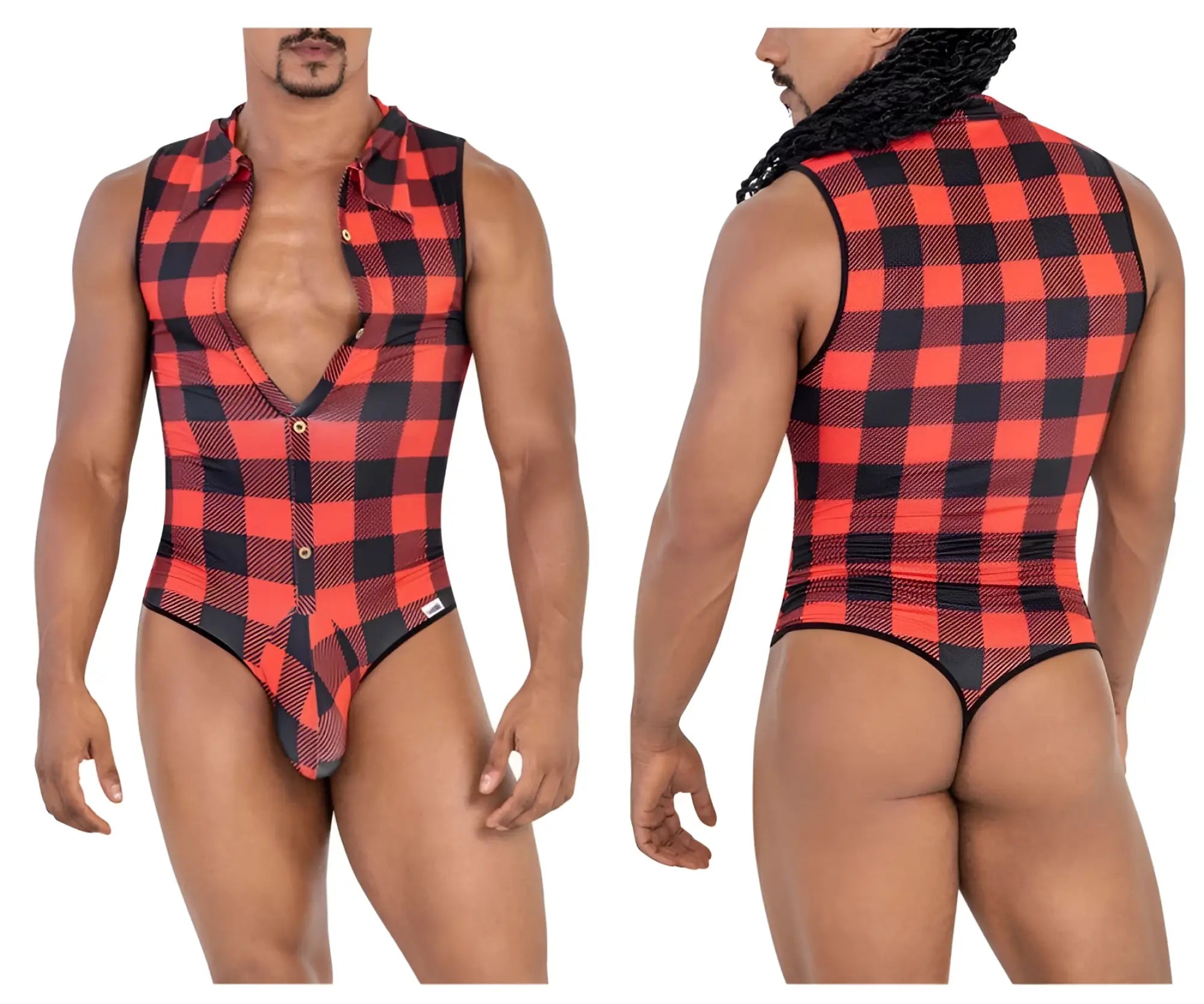 Red and black plaid one-piece CandyMan 99800 Lumberjack bodysuit with button-front collar design