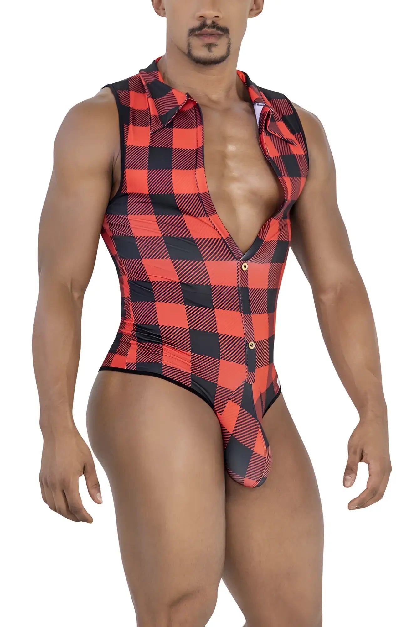 Red and black plaid cotton CandyMan 99800 lumberjack bodysuit with collar button front and elastic waistband