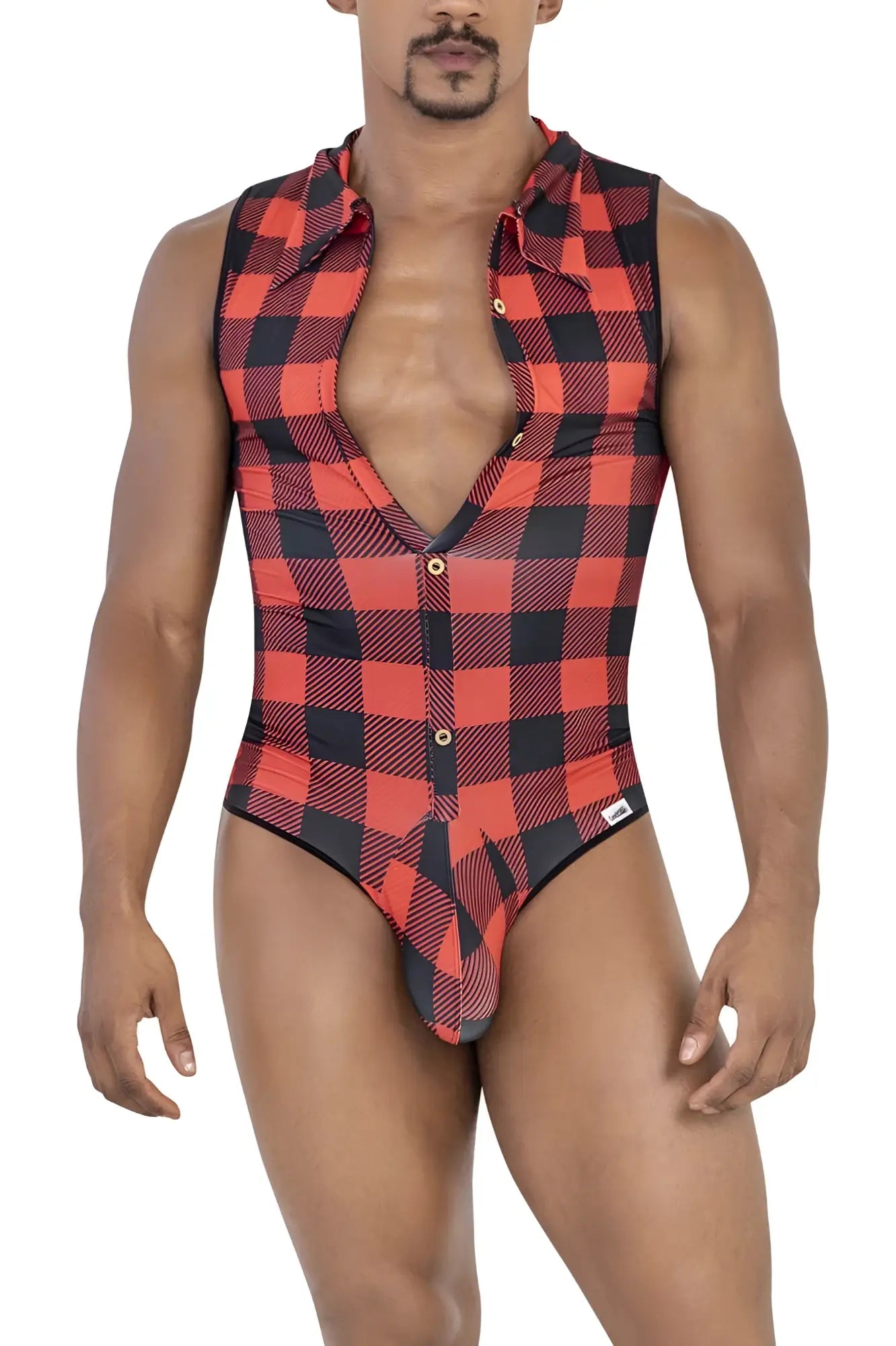 Red and black plaid CandyMan 99800 lumberjack bodysuit one-piece swimsuit with shirt collar and button-front design