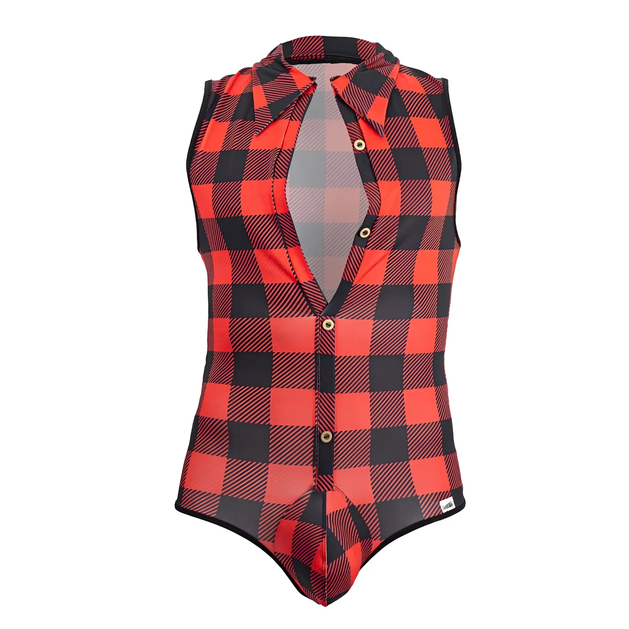 Candyman 99800 lumberjack bodysuit red sleeveless plaid with collar button front and matching trim for casual wear
