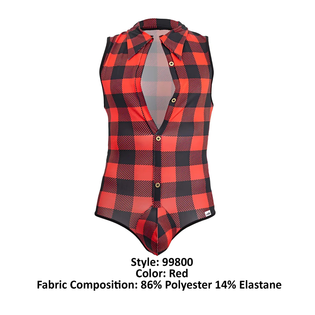Red and black plaid sleeveless button-front CandyMan 99800 lumberjack bodysuit in soft durable fabric