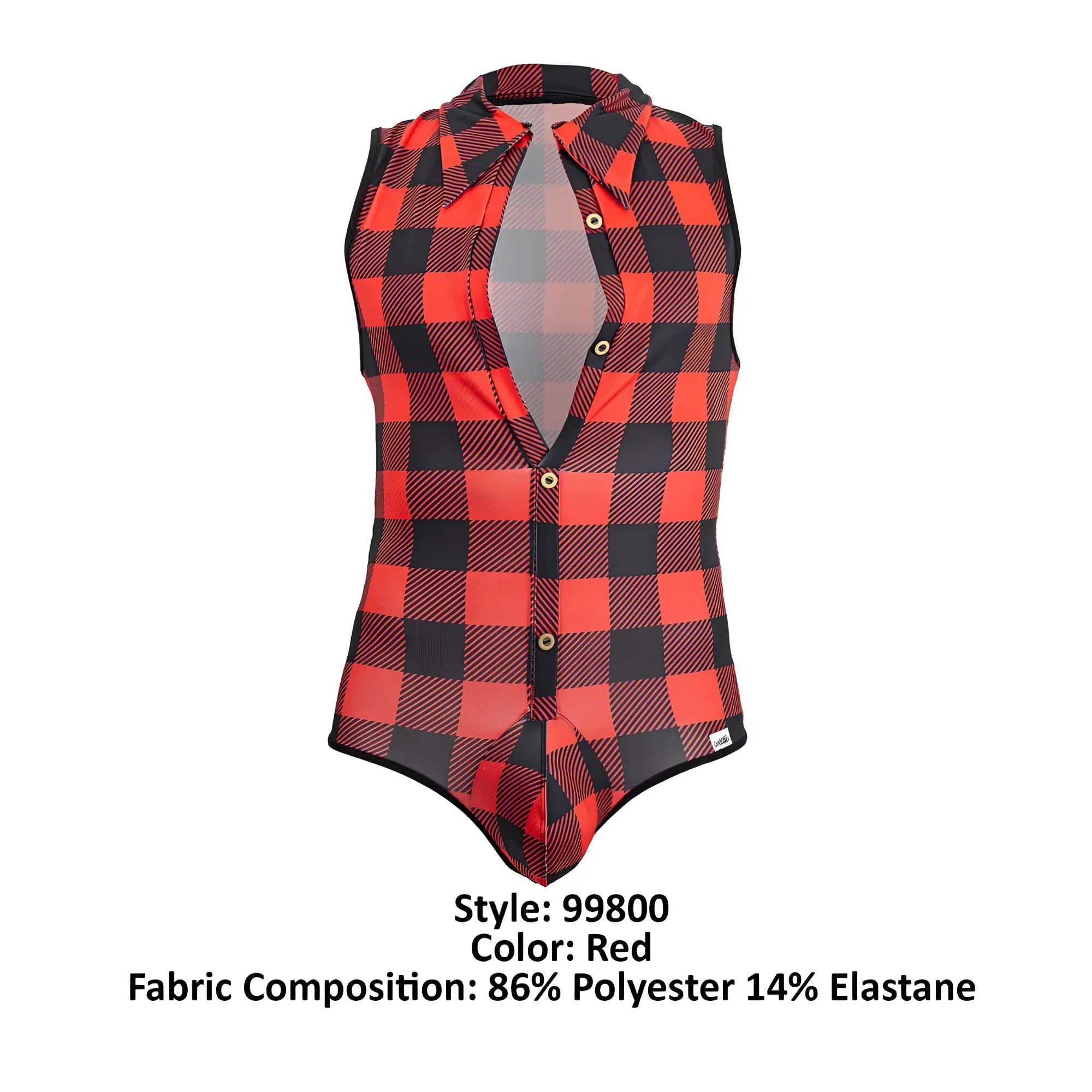 Red and black plaid sleeveless button-front CandyMan 99800 lumberjack bodysuit in soft durable fabric