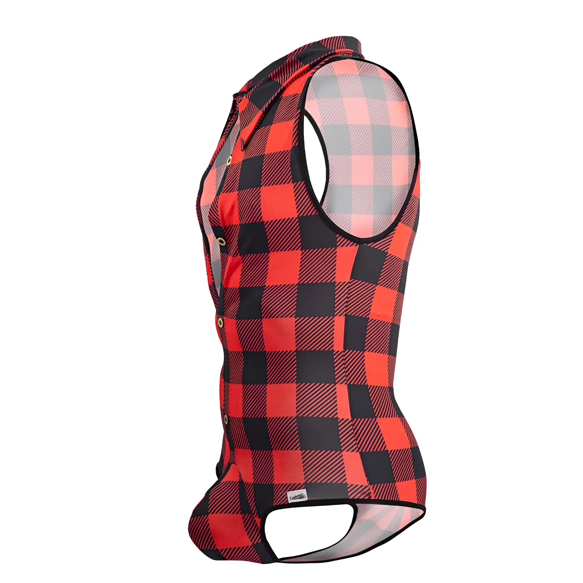 Red and black plaid CandyMan 99800 Lumberjack bodysuit cycling vest with mesh panels for breathability