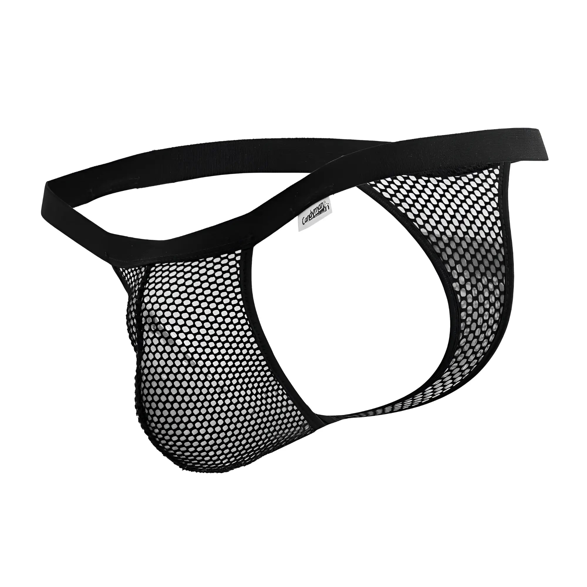 Black mesh thong with solid elastic waistband and cordoba label from candyman 99801 collection