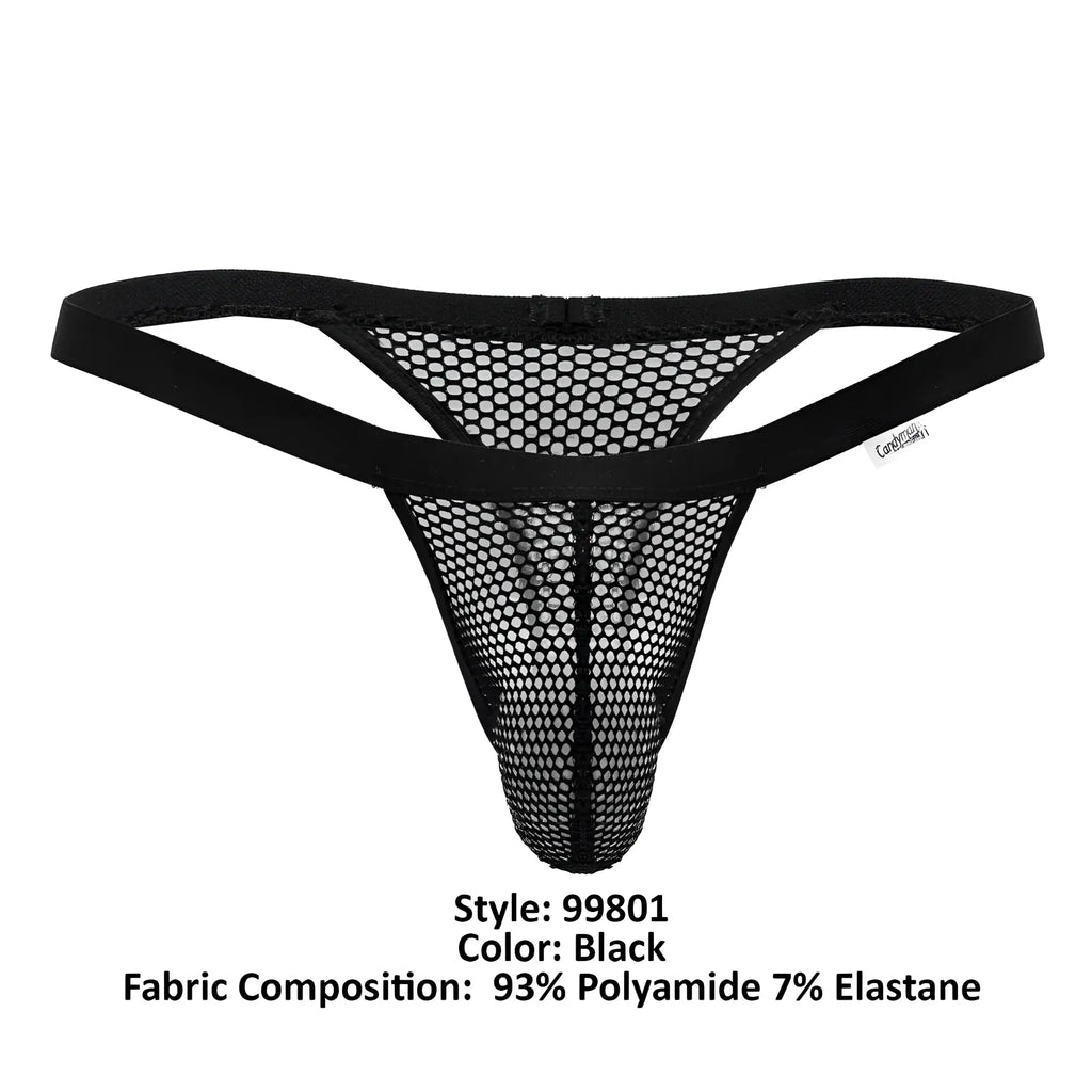 Black mesh thong with solid elastic waistband made from 93 percent polyamide and 7 percent elastane by Candyman