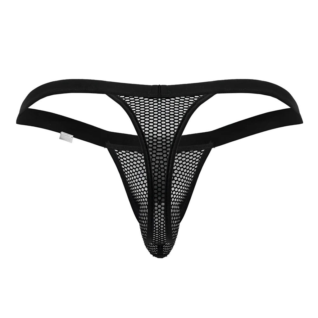Black CandyMan 99801 mesh thong with solid elastic straps and central zipper in black mesh material