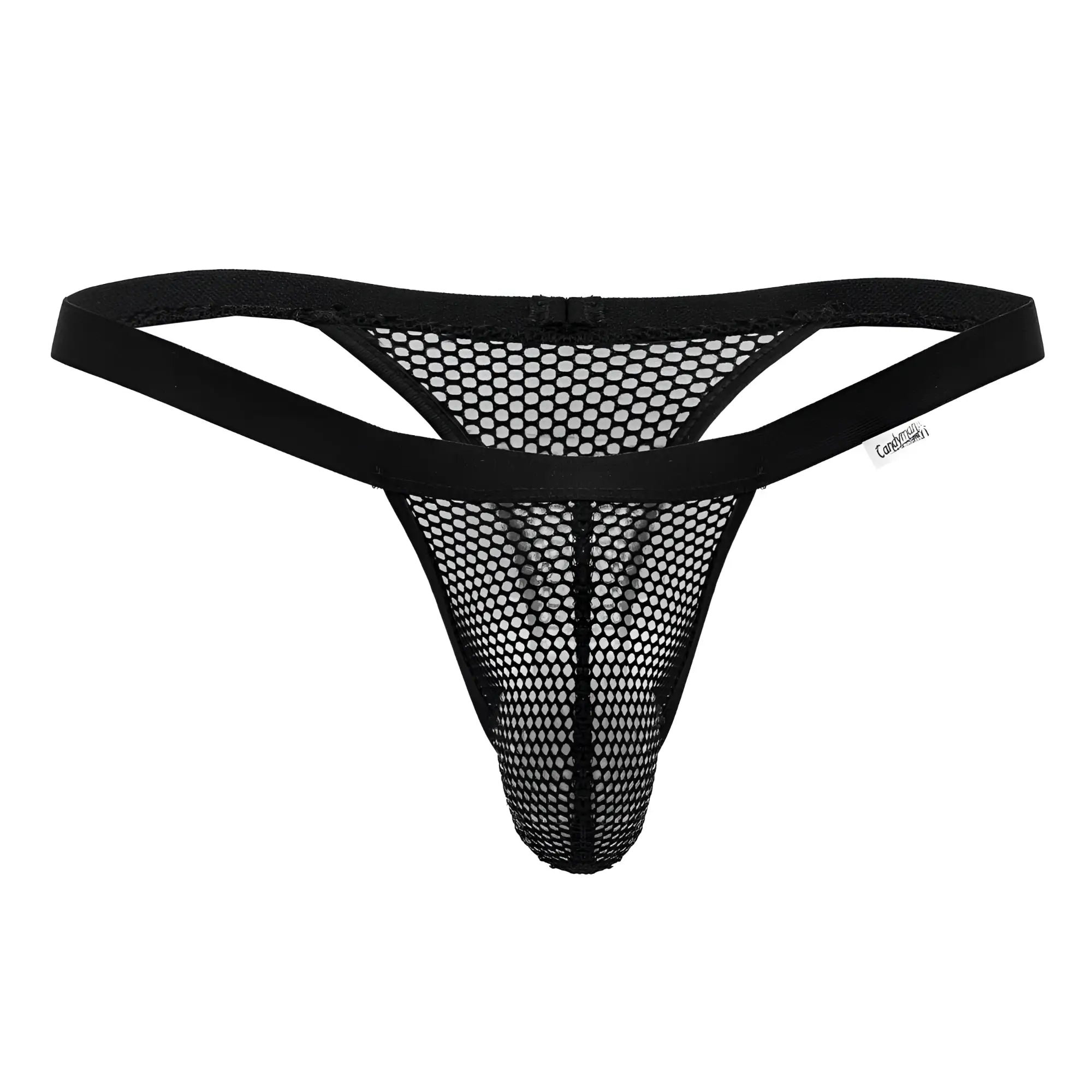 CandyMan 99801 black mesh thong with solid elastic waistband and small brand tag for men