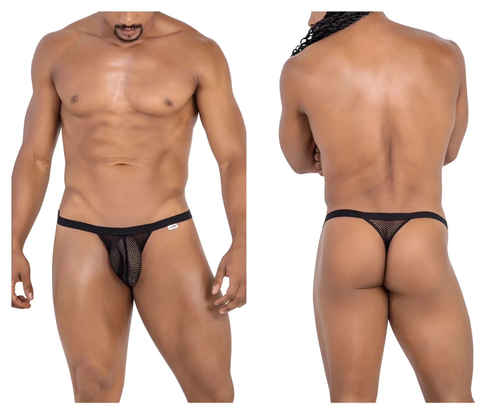 Black mesh thong with solid black waistband from candyman 99801 collection shown from the front side