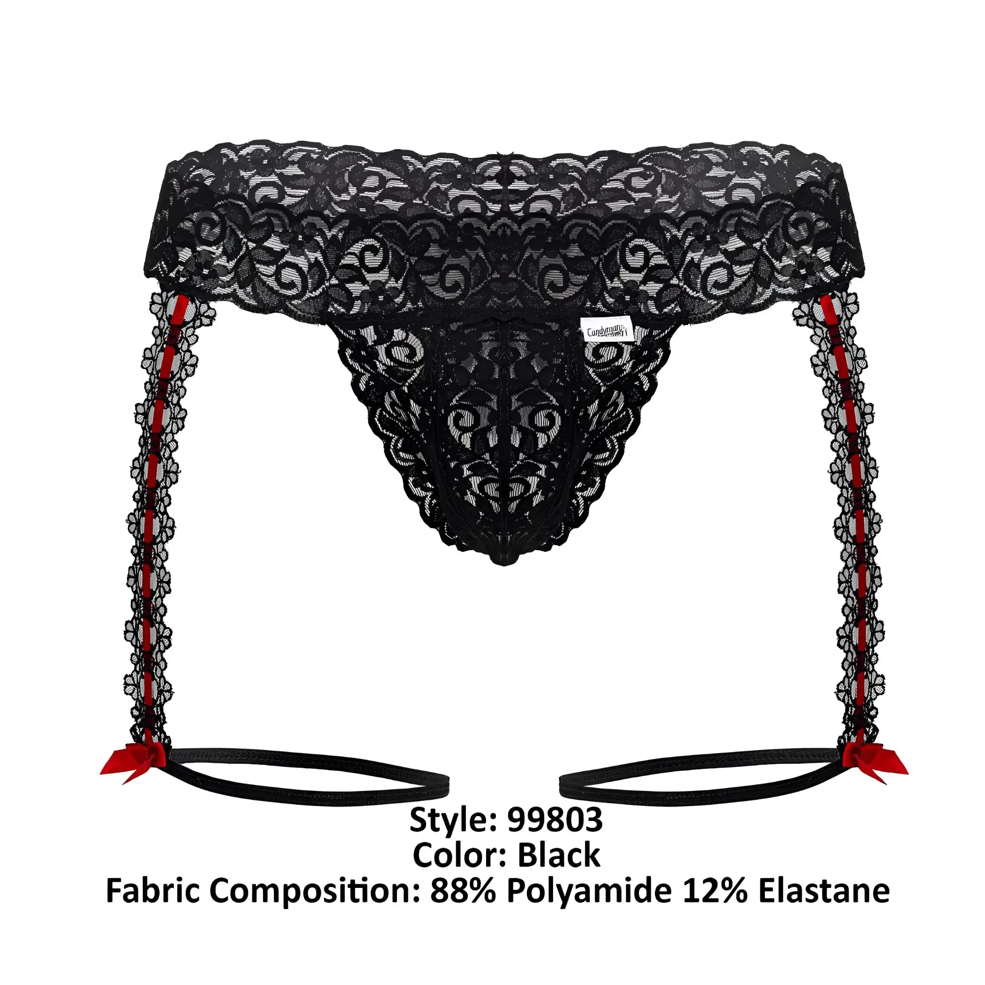 Black lace garter thongs candy man 99803 with red ribbon accents and matching ties in front view