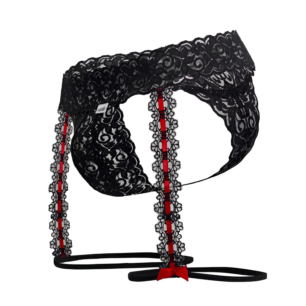 CandyMan 99803 black lace garter thongs with red floral trim and matching bow for men’s lingerie