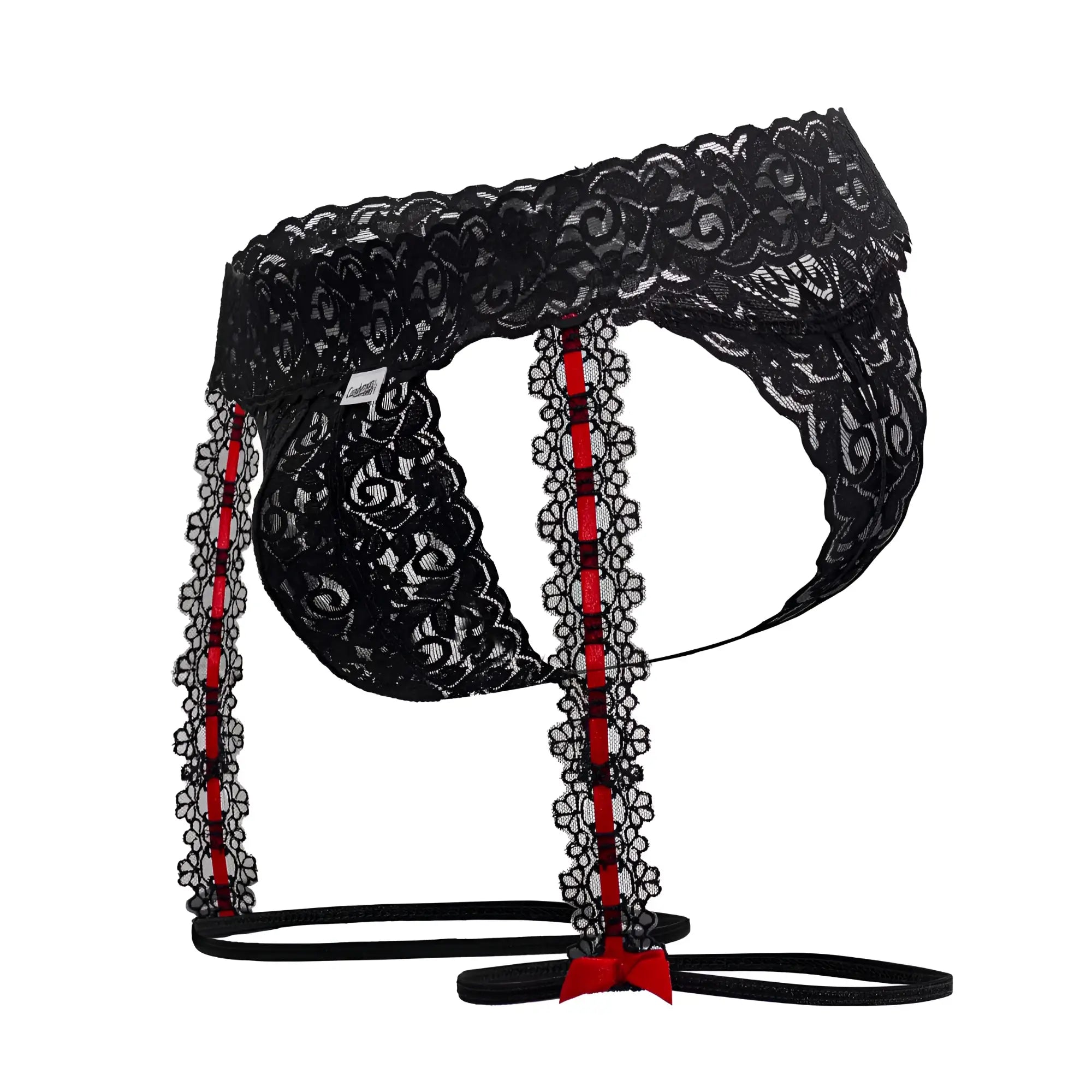 CandyMan 99803 black lace garter thongs with red floral trim and matching bow for men’s lingerie