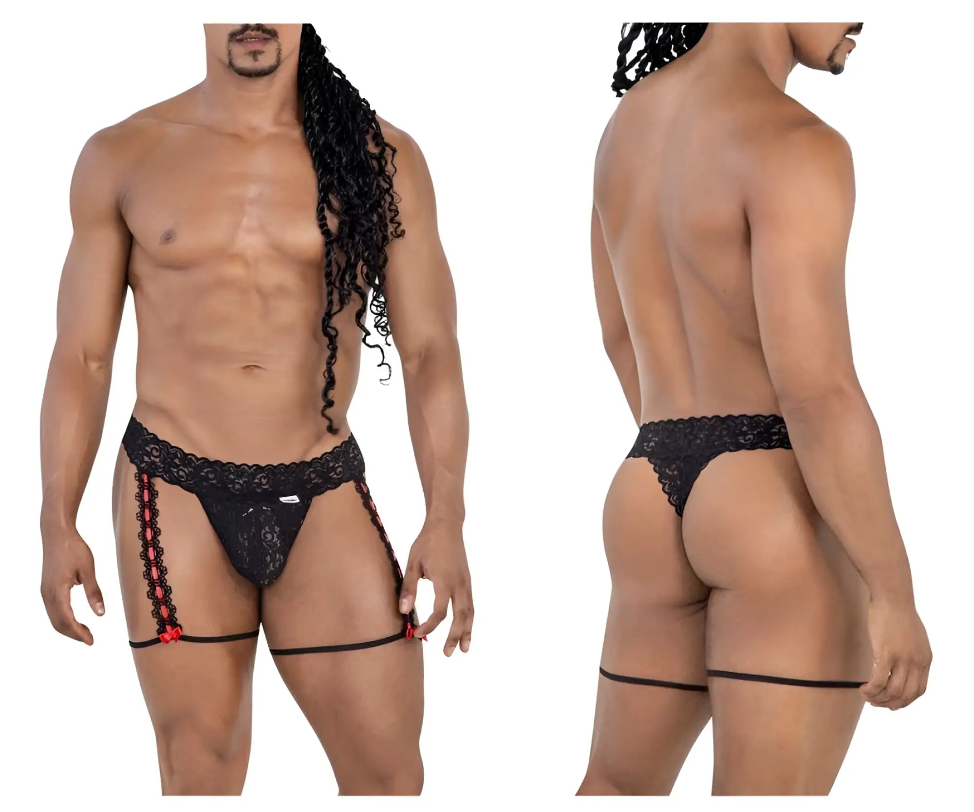Black lace thong with red decorative trim and matching garter straps from candyman 99803 lace garter thongs collection