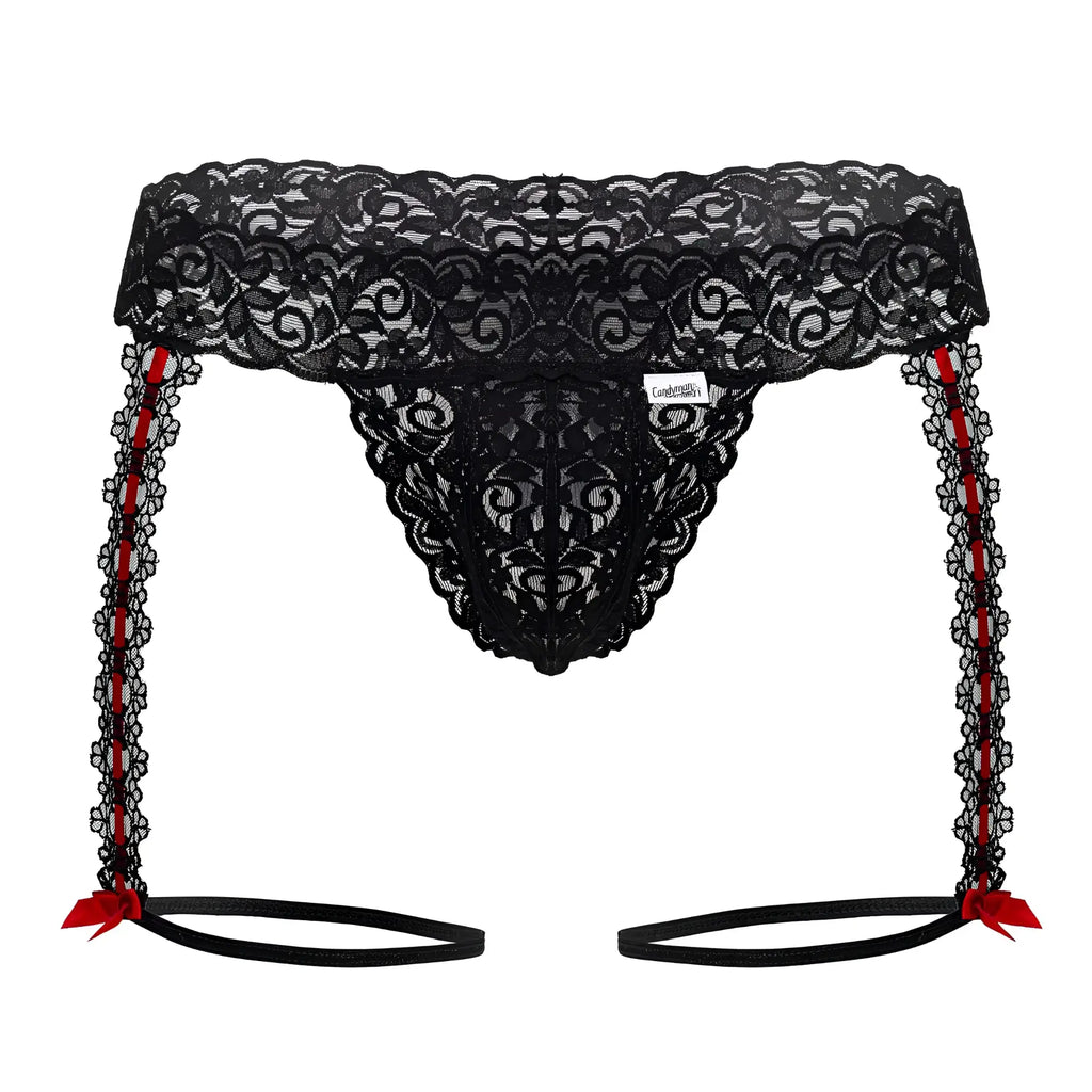 Black lace thong with red ribbon ties and decorative bows candyMan 99803 lace garter thong color black