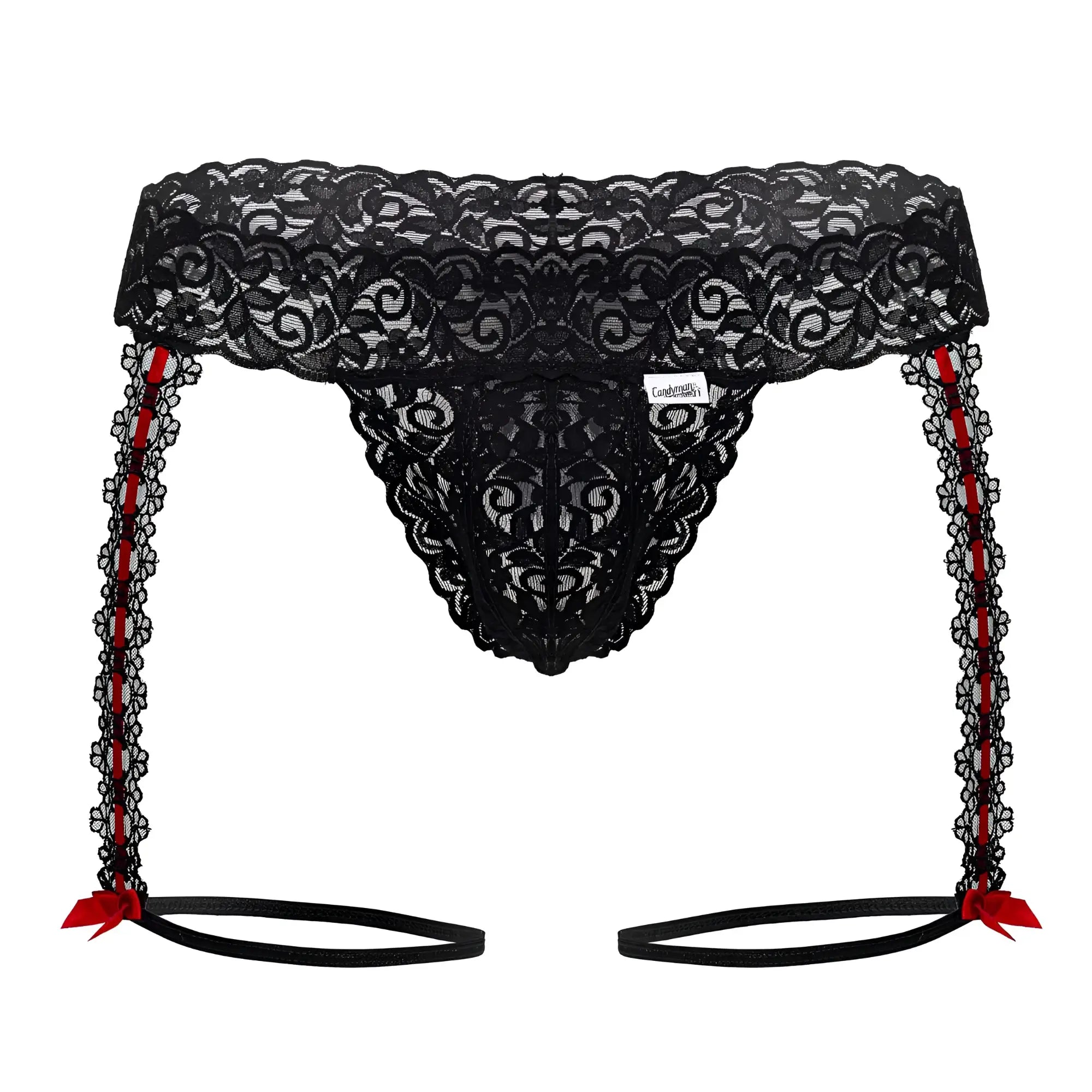 Black lace thong with red ribbon ties and decorative bows candyMan 99803 lace garter thong color black