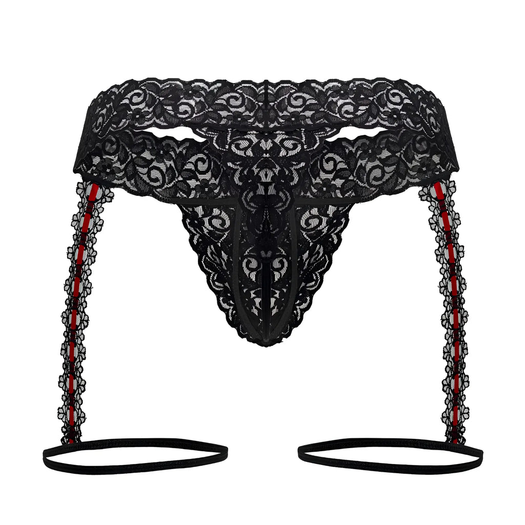 Black lace thong with red-striped garter straps and scalloped edges from candyman 99803 lace garter thongs black