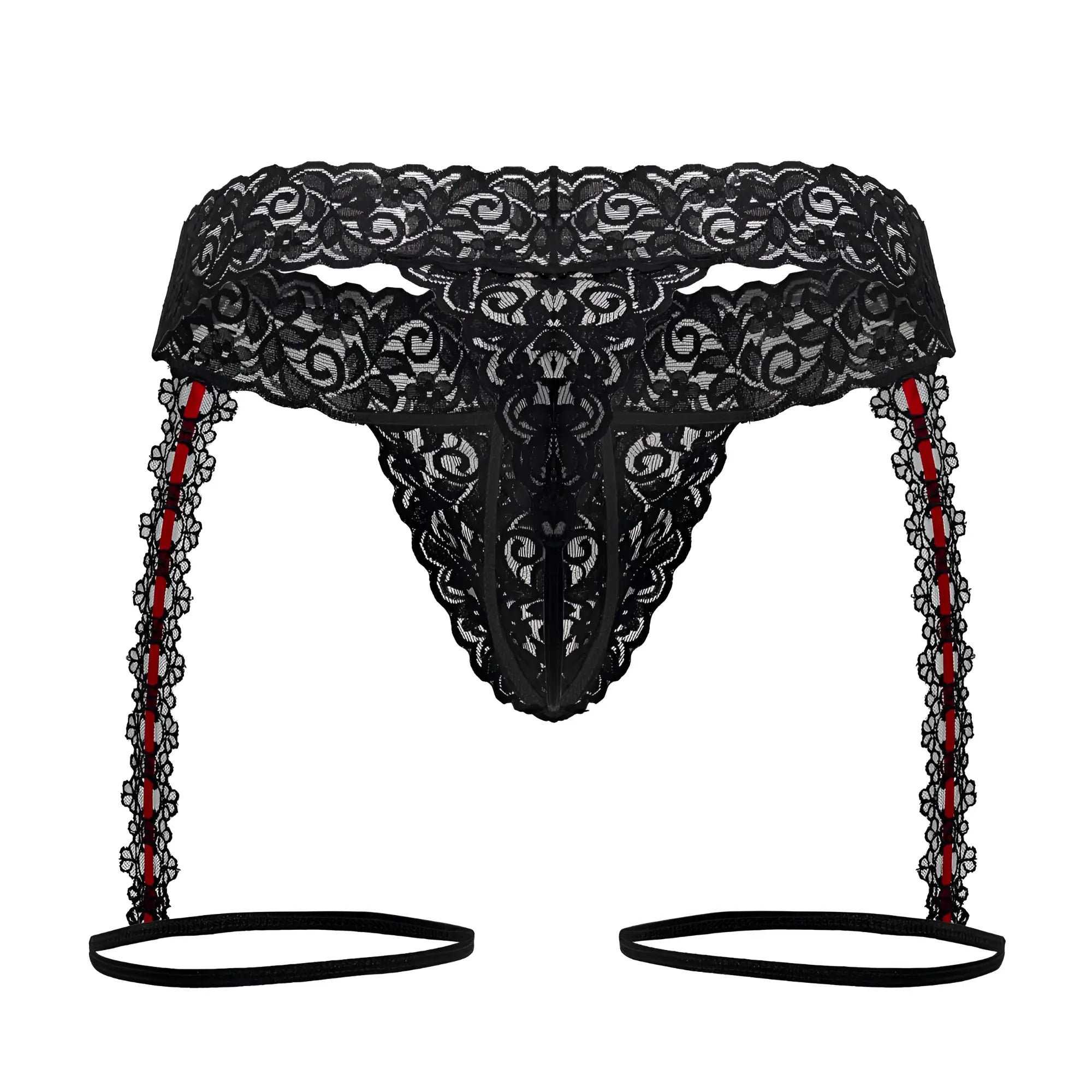 Black lace thong with red-striped garter straps and scalloped edges from candyman 99803 lace garter thongs black