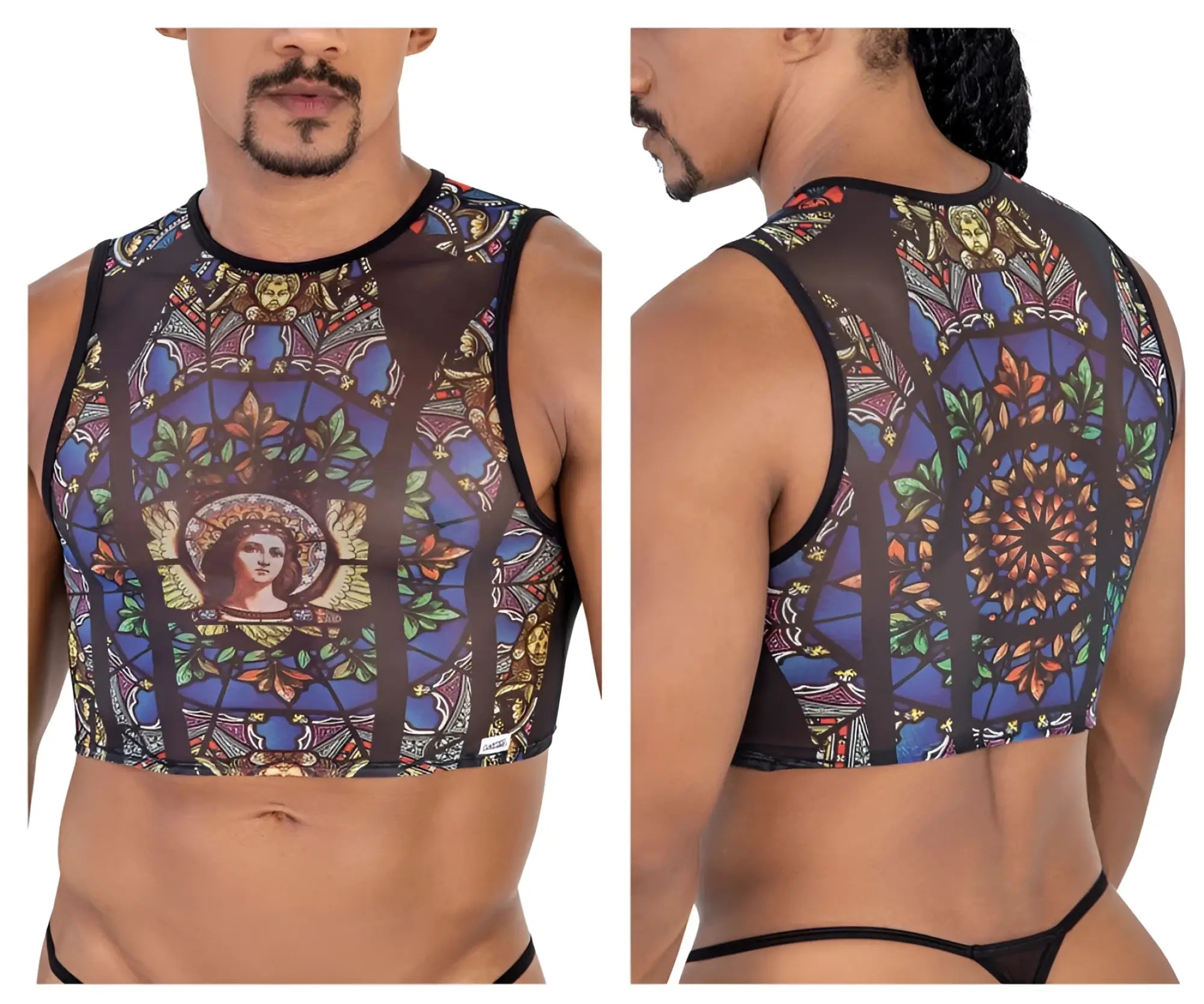 Stained glass-inspired crop top with angelic figure and floral patterns in blues purples golds and greens on black mesh