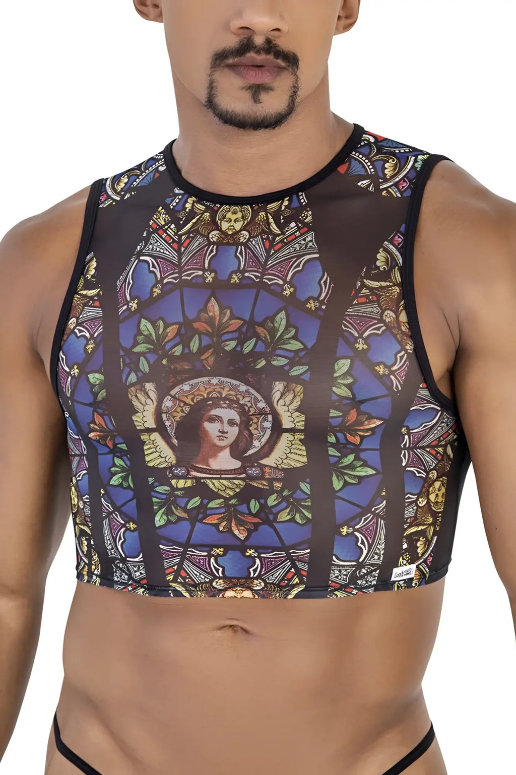 CandyMan 99805 stained glass tank top in black print featuring a sheer mesh base with blue gold angel design