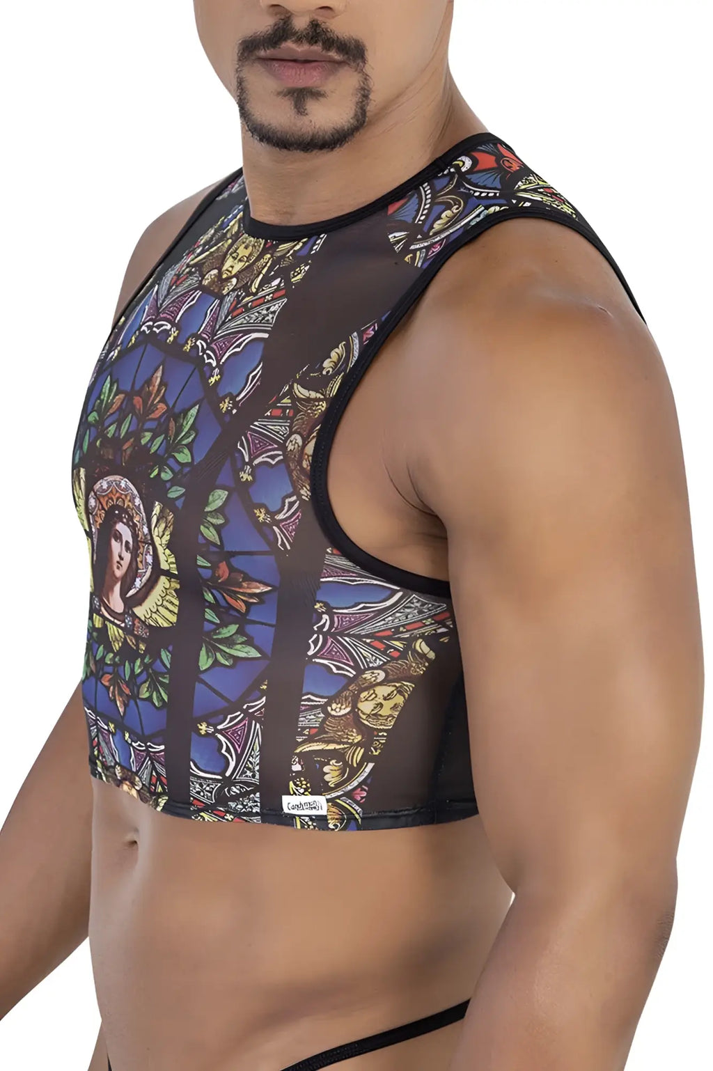 CandyMan 99805 stained glass tank top in black with vibrant blue gold and black angelic figures pattern