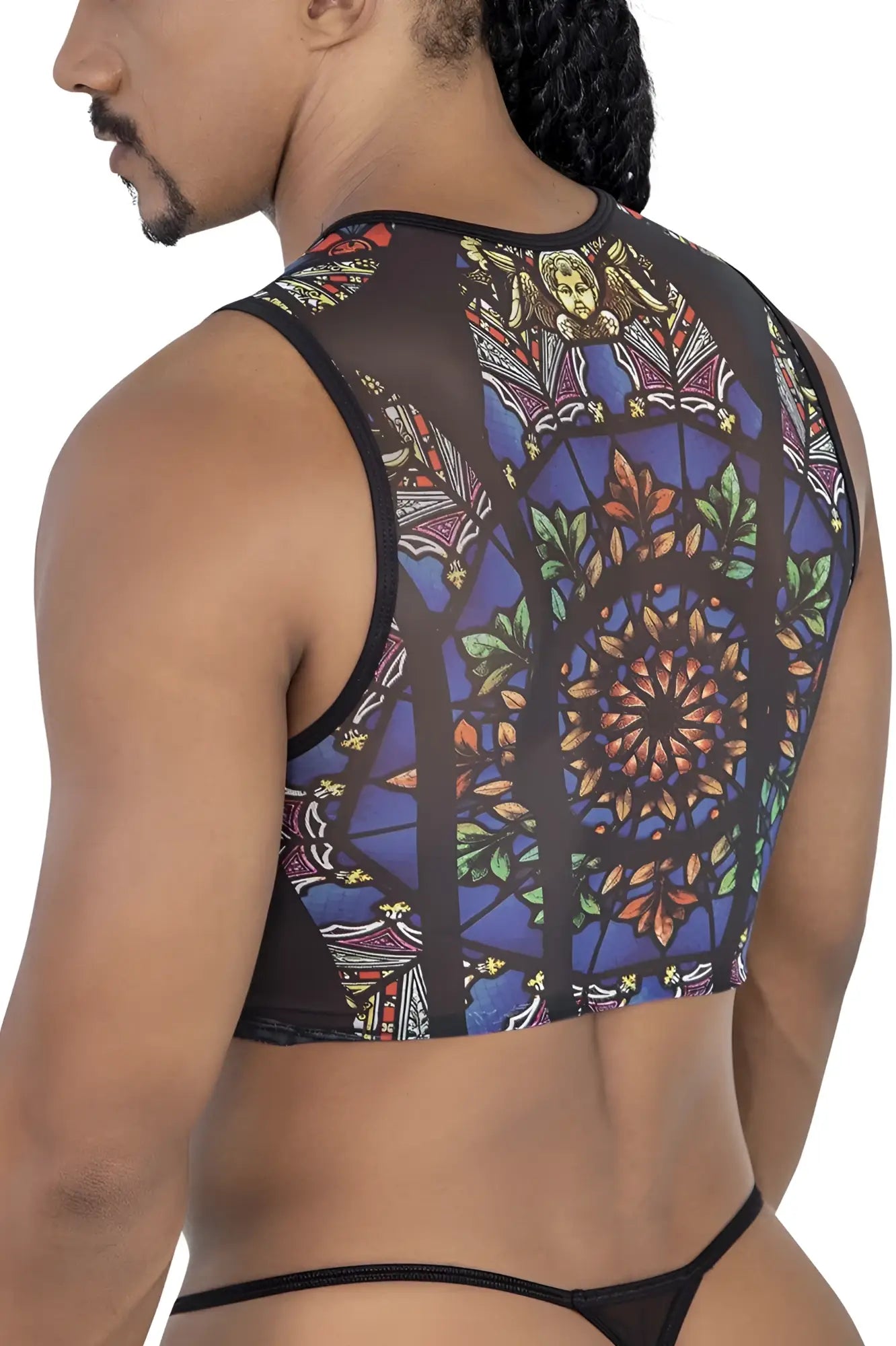 Black mesh crop top CandyMan 99805 featuring vibrant stained glass window design in blue green orange and gold hues