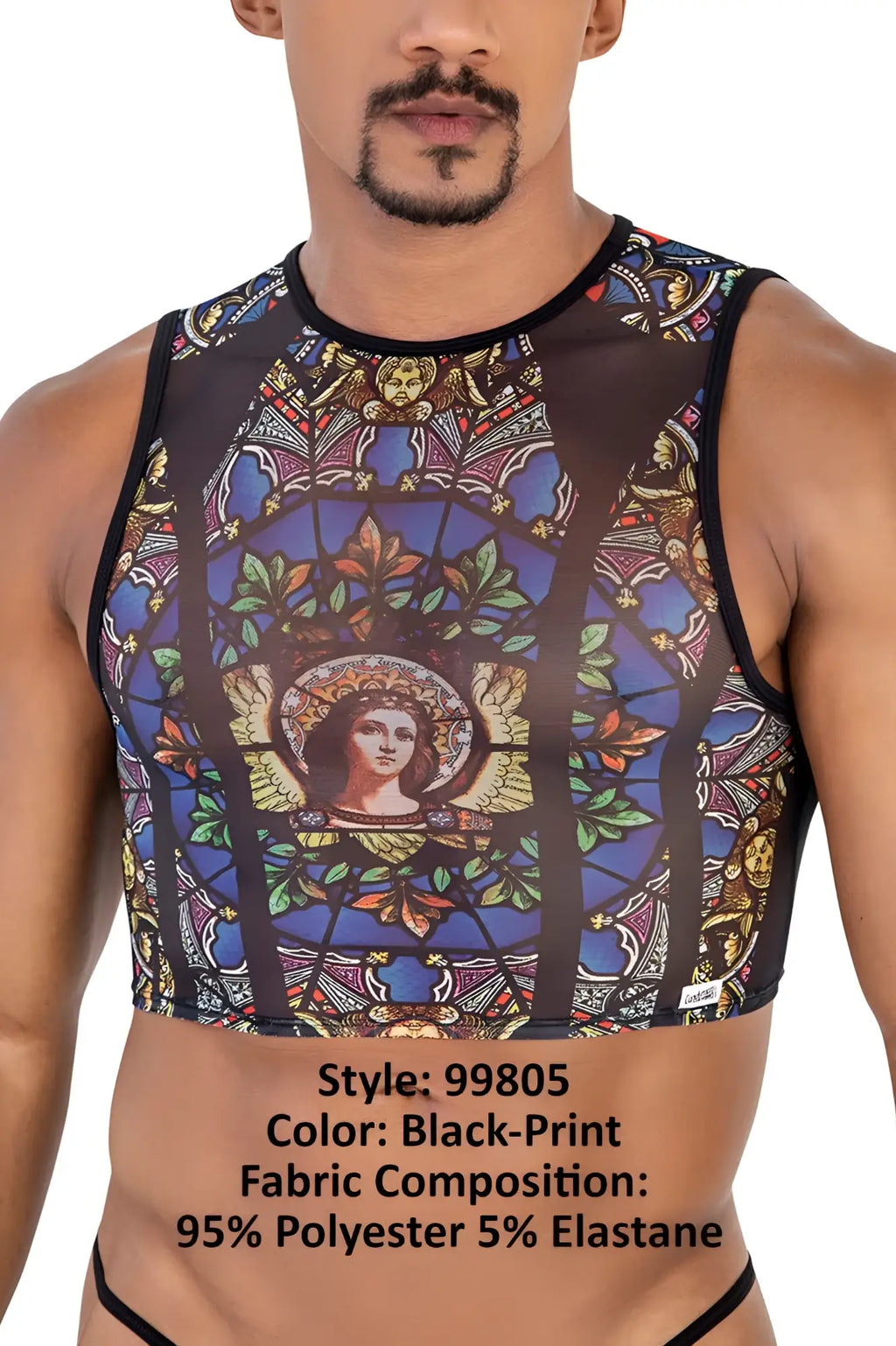 Black-print sleeveless crop top with stained glass angel design on sheer mesh fabric candyMan 99805