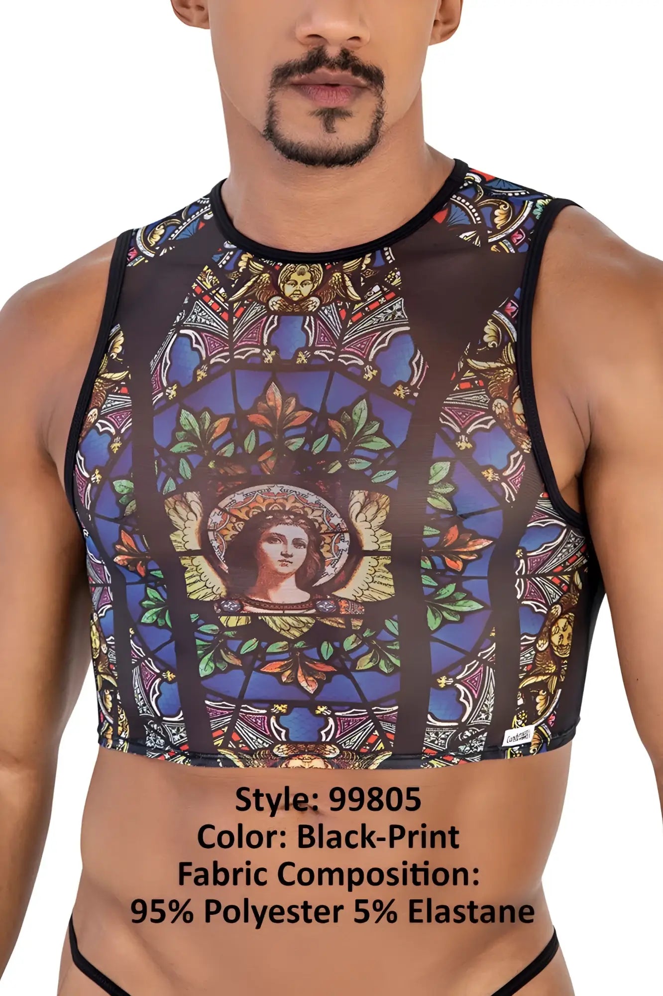 Black-print sleeveless crop top with stained glass angel design on sheer mesh fabric candyMan 99805