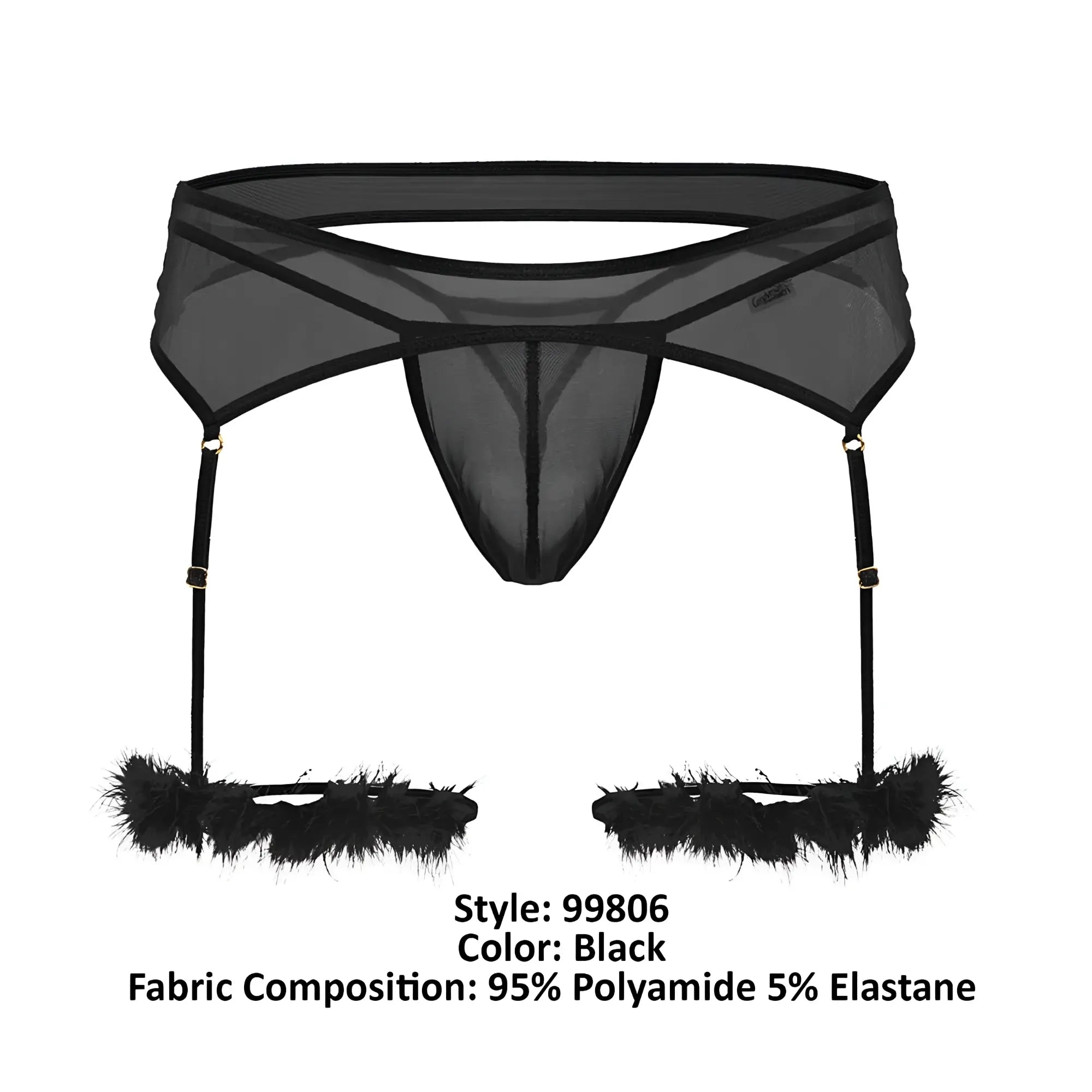 Black sheer mesh garter belt with feathered cuffs and adjustable straps from candyman 99806 mesh garter outfit