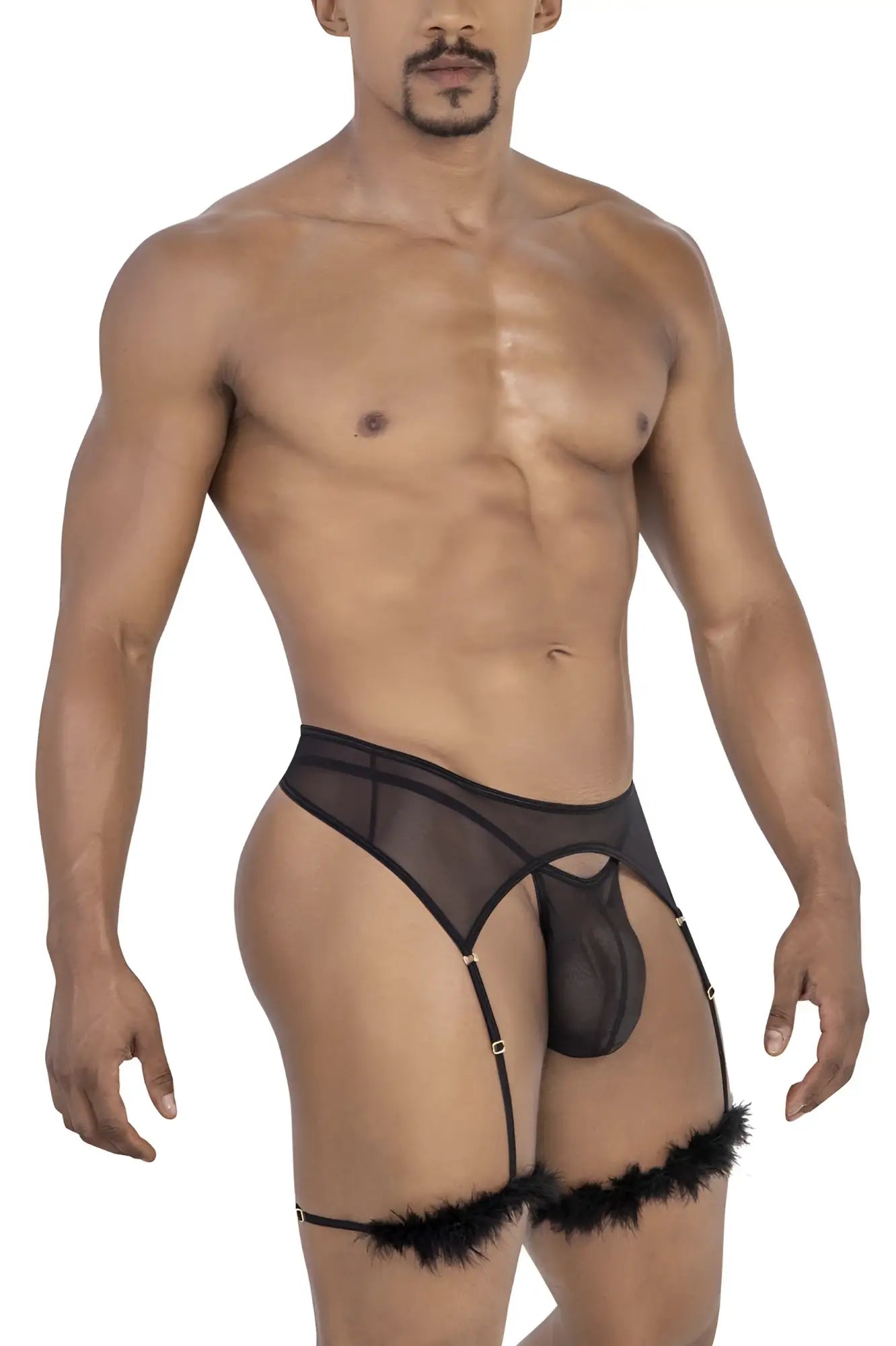 Black sheer mesh CandyMan 99806 garter belt with feathered cuffs and central pouch for intimate wear
