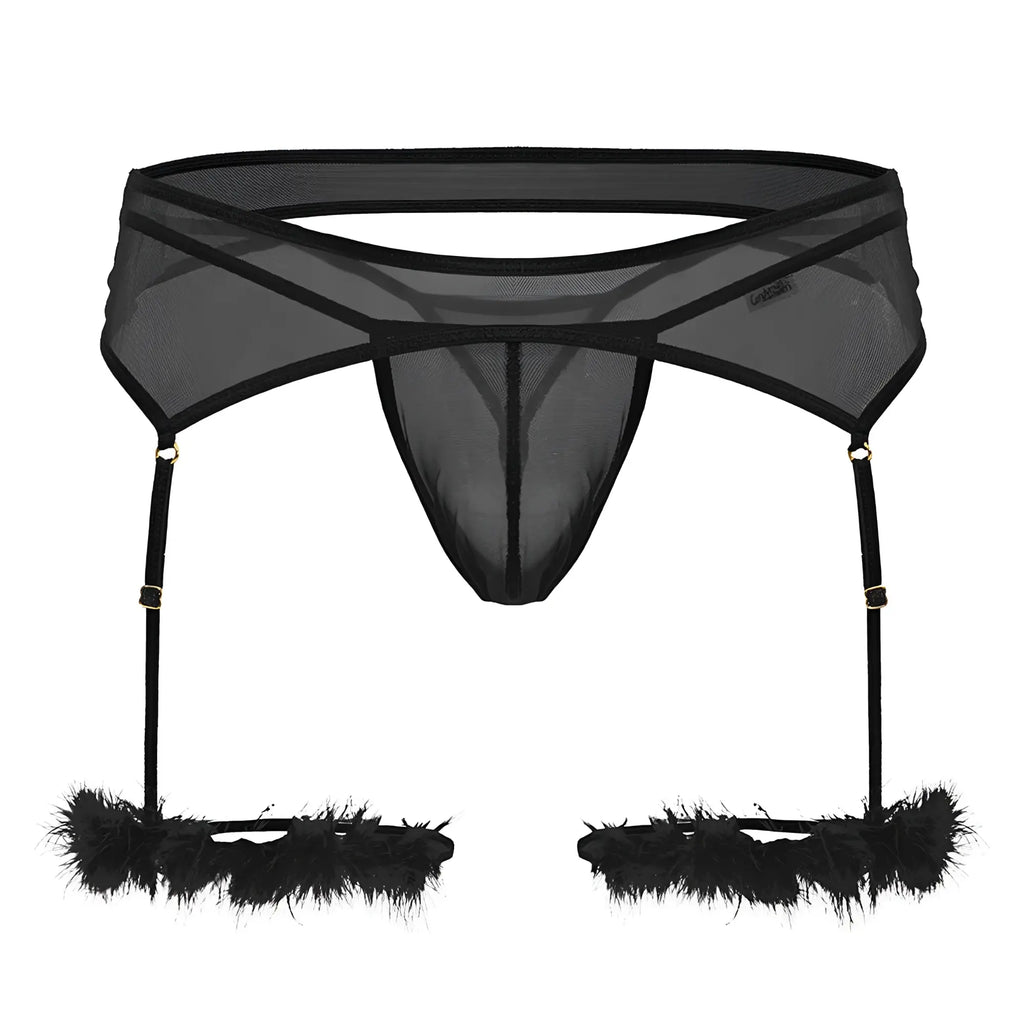 CandyMan 99806 black sheer mesh garter belt with feathered leg straps for a bold lingerie look