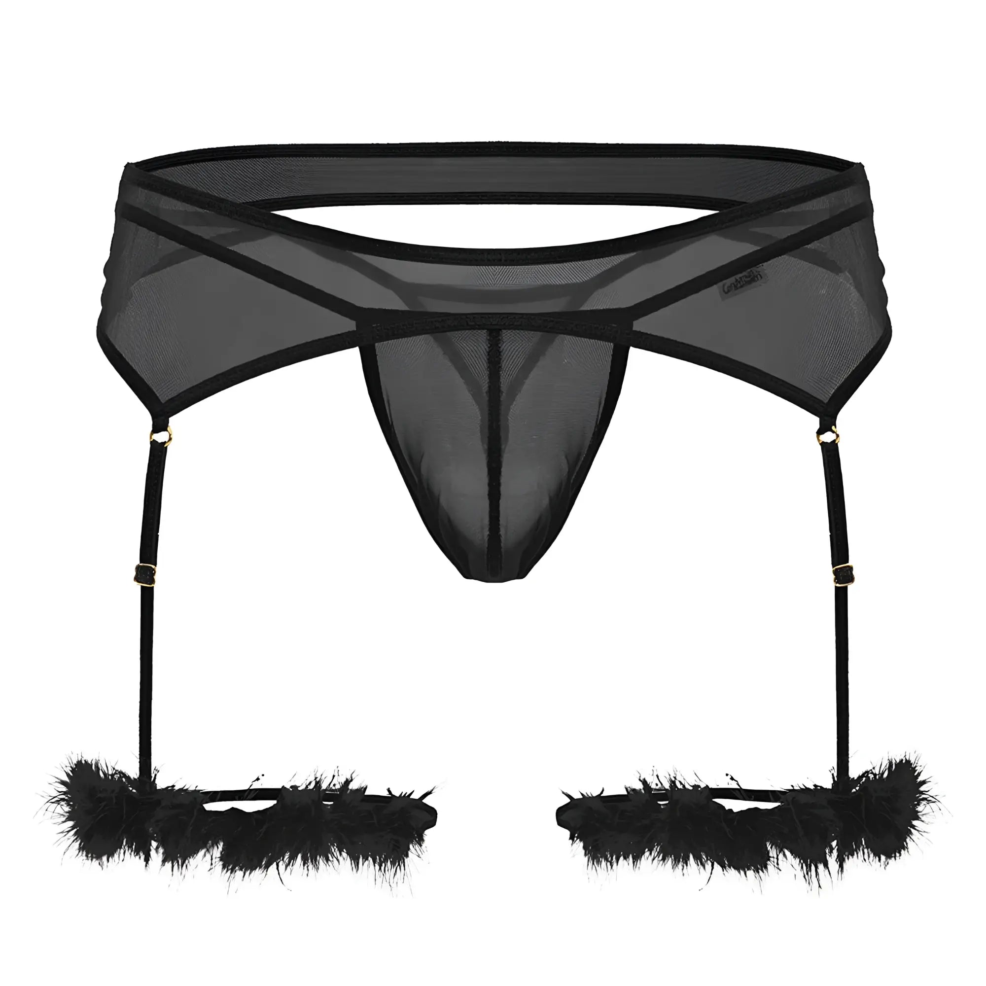 CandyMan 99806 black sheer mesh garter belt with feathered leg straps for a bold lingerie look