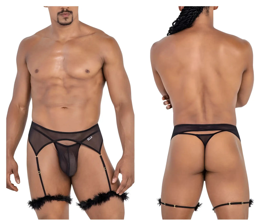 Black sheer mesh garter belt with feathered cuffs and gold tone hardware from candyman 99806 outfit