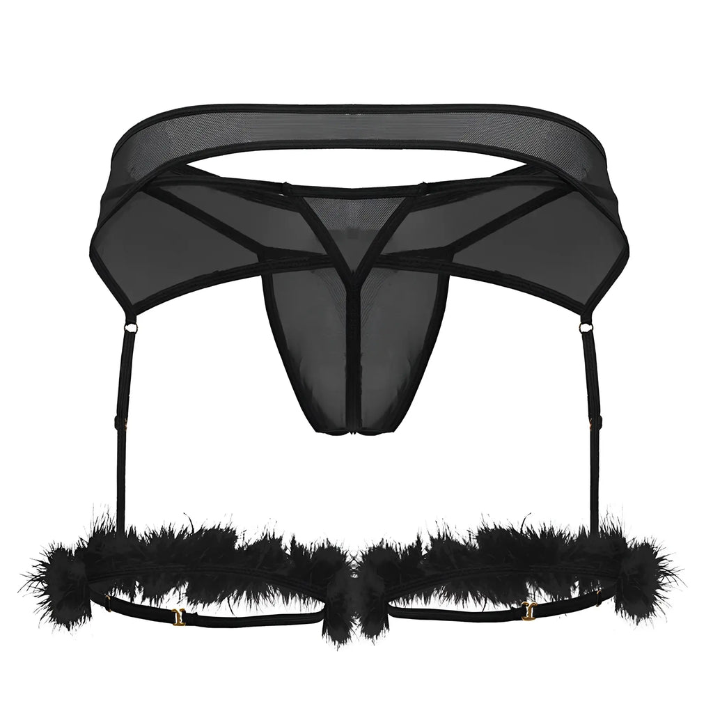 Black sheer mesh garter belt with feather trim and adjustable straps from candyman 99806 mesh garter outfit