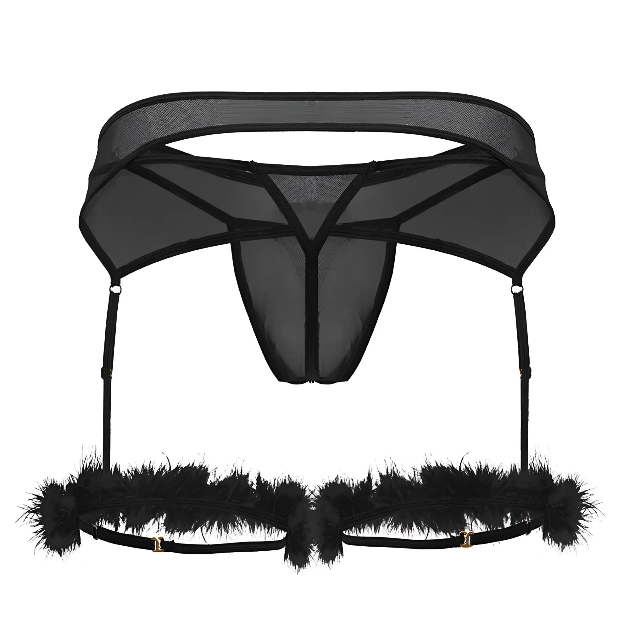 Black sheer mesh garter belt with feather trim and adjustable straps from candyman 99806 mesh garter outfit