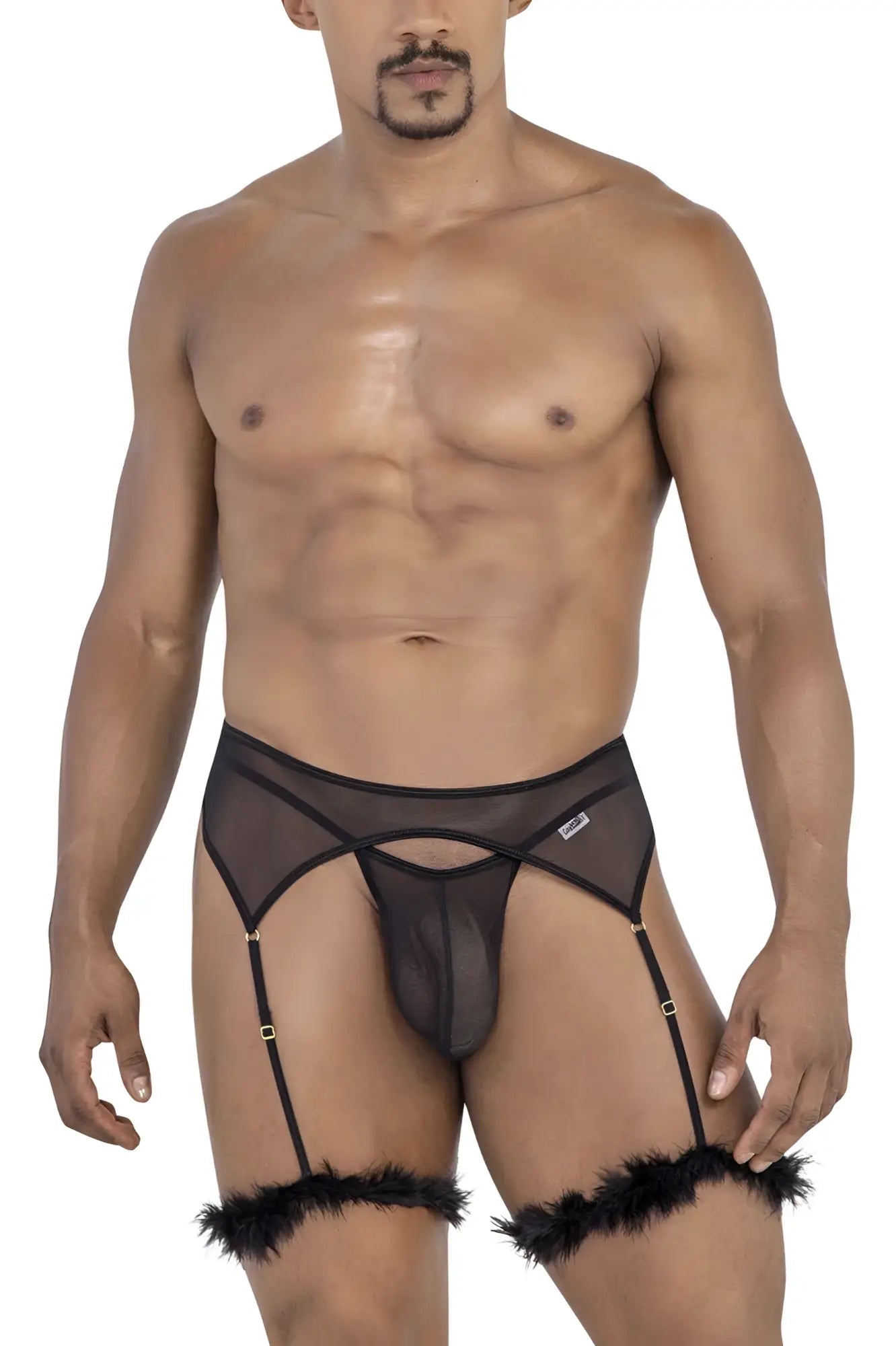 Black sheer mesh CandyMan 99806 garter belt with feathered cuffs and gold-tone hardware for lingerie wear