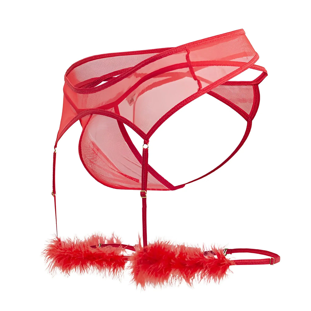 CandyMan 99806 red sheer mesh garter belt with feathered leg straps for lingerie or costume use