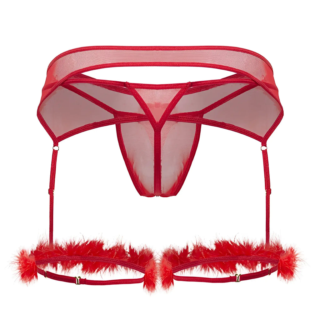 CandyMan 99806 red mesh garter belt with feathered trim and adjustable straps in sheer sheer fabric