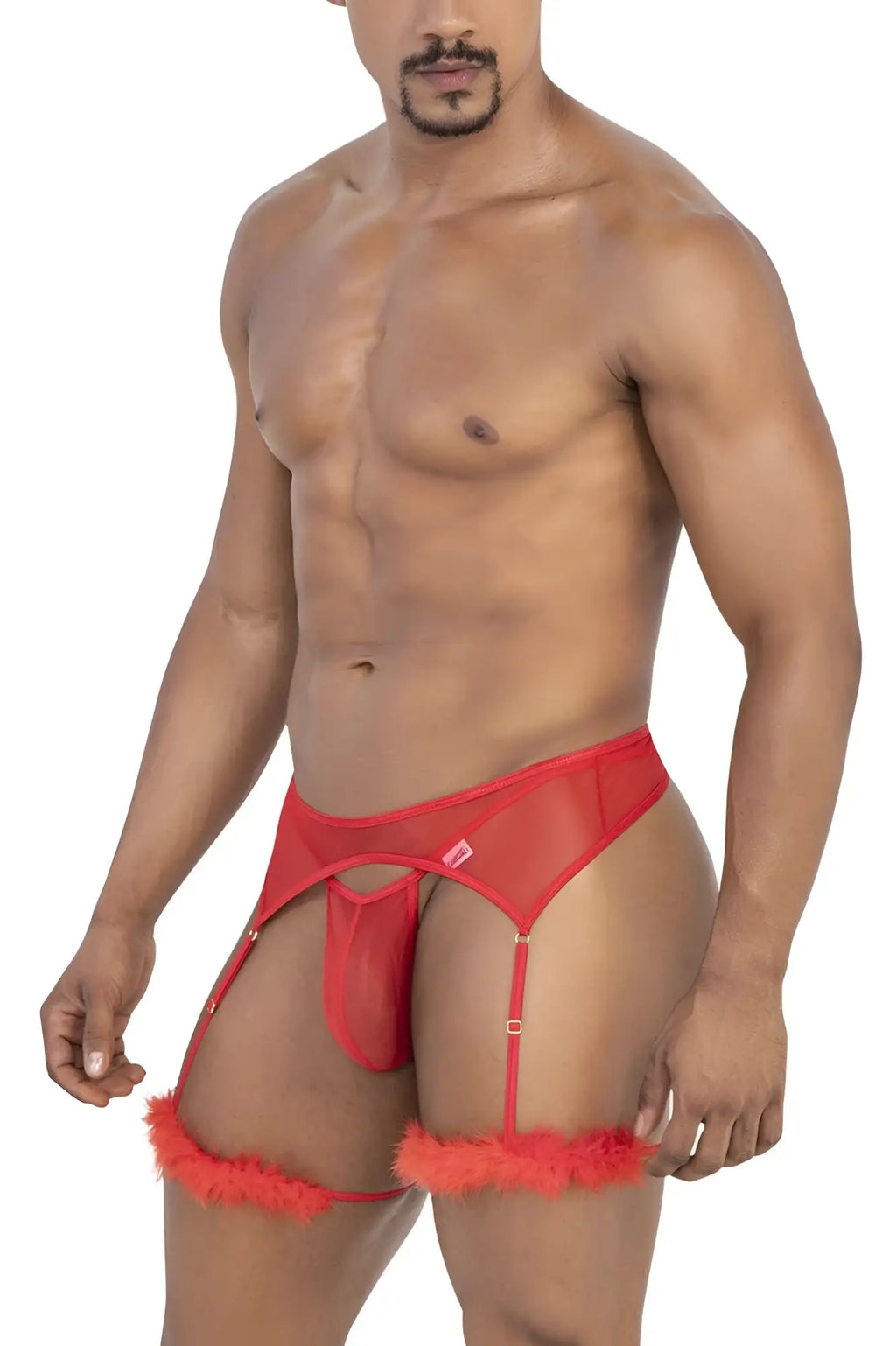 Red sheer mesh garter belt by Candyman with fluffy orange trim and adjustable straps in color red