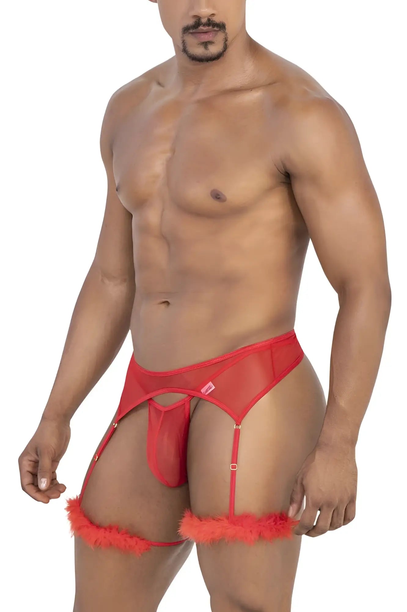 Red sheer mesh garter belt by Candyman with fluffy orange trim and adjustable straps in color red