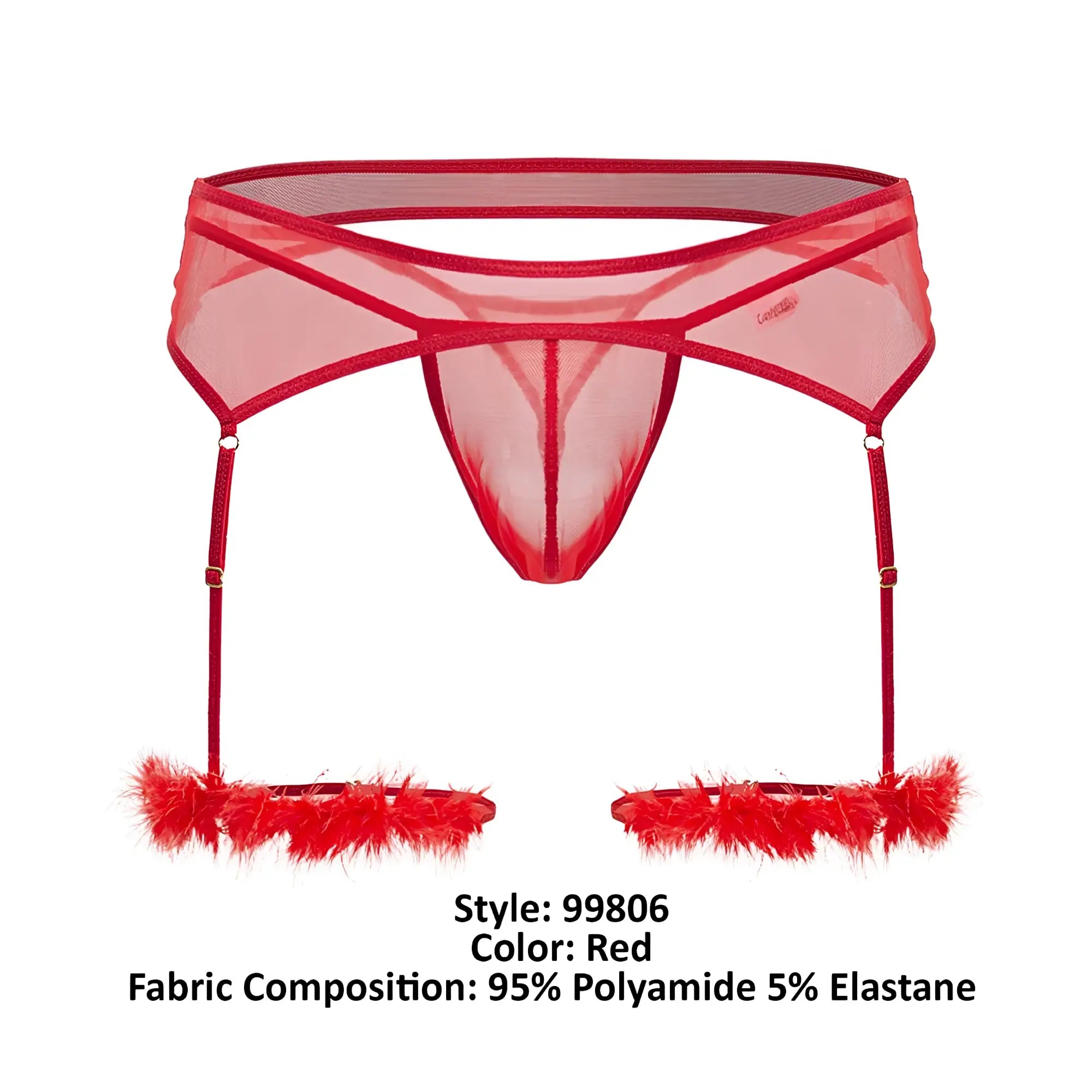 CandyMan 99806 red sheer mesh garter belt with feathered cuffs and adjustable straps for lingerie use